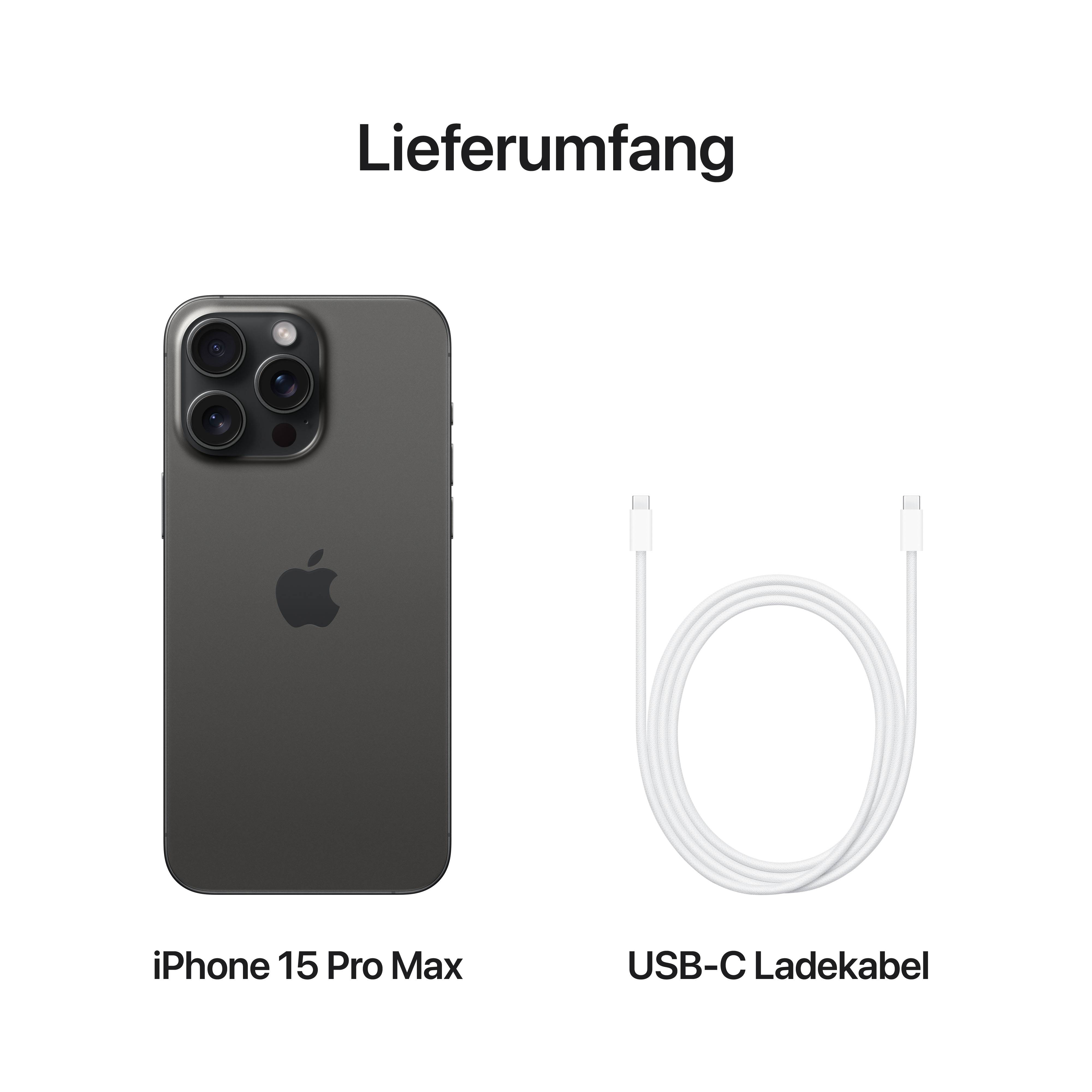 Lieferumfang: iPhone 15 Pro Max und USB-C Ladekabel