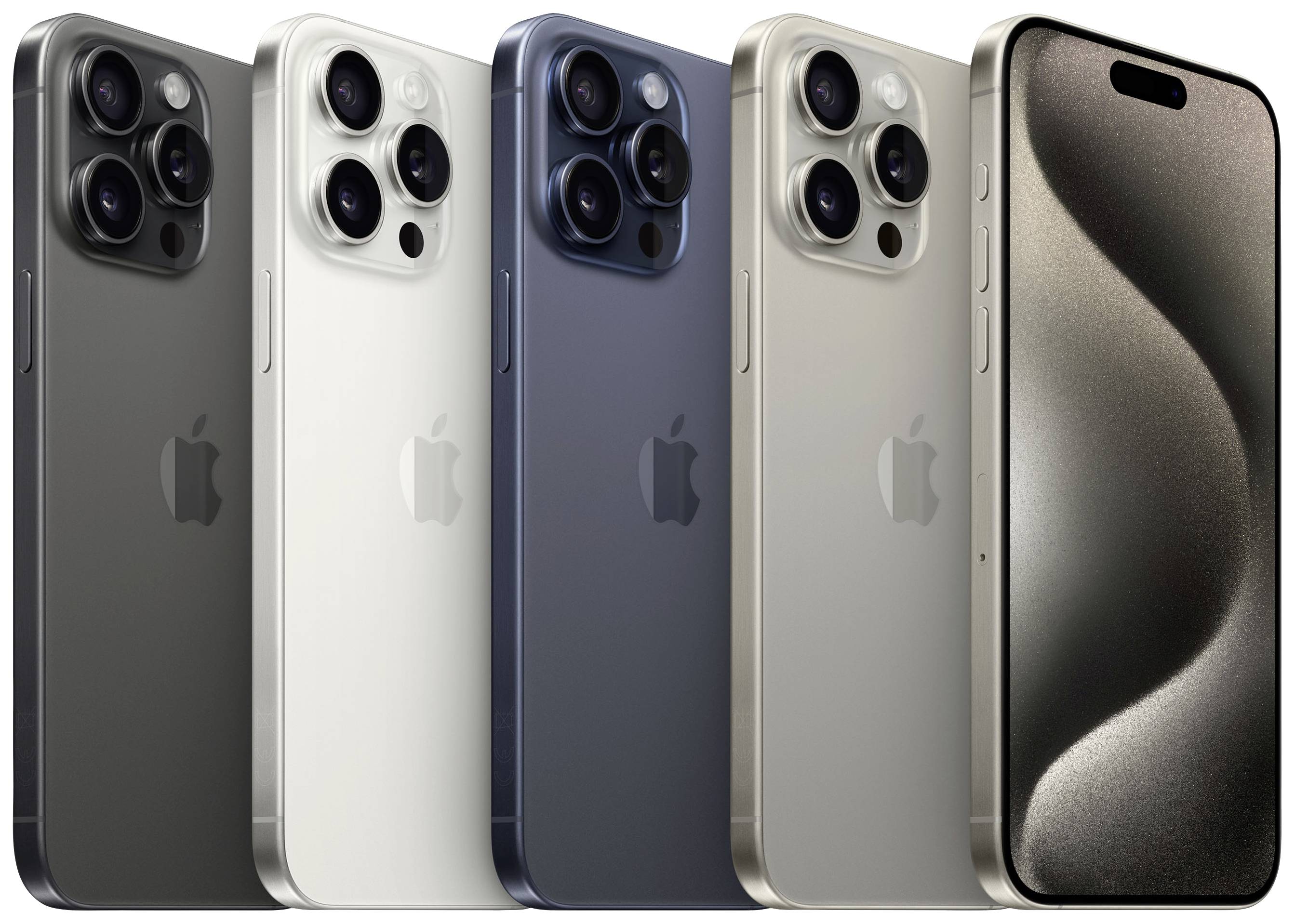 Fünf iPhones in verschiedenen Farben (Schwarz, Silber, Blau, Gold), stehend, Vorder- und Rückseite sichtbar, mit Kameras.
