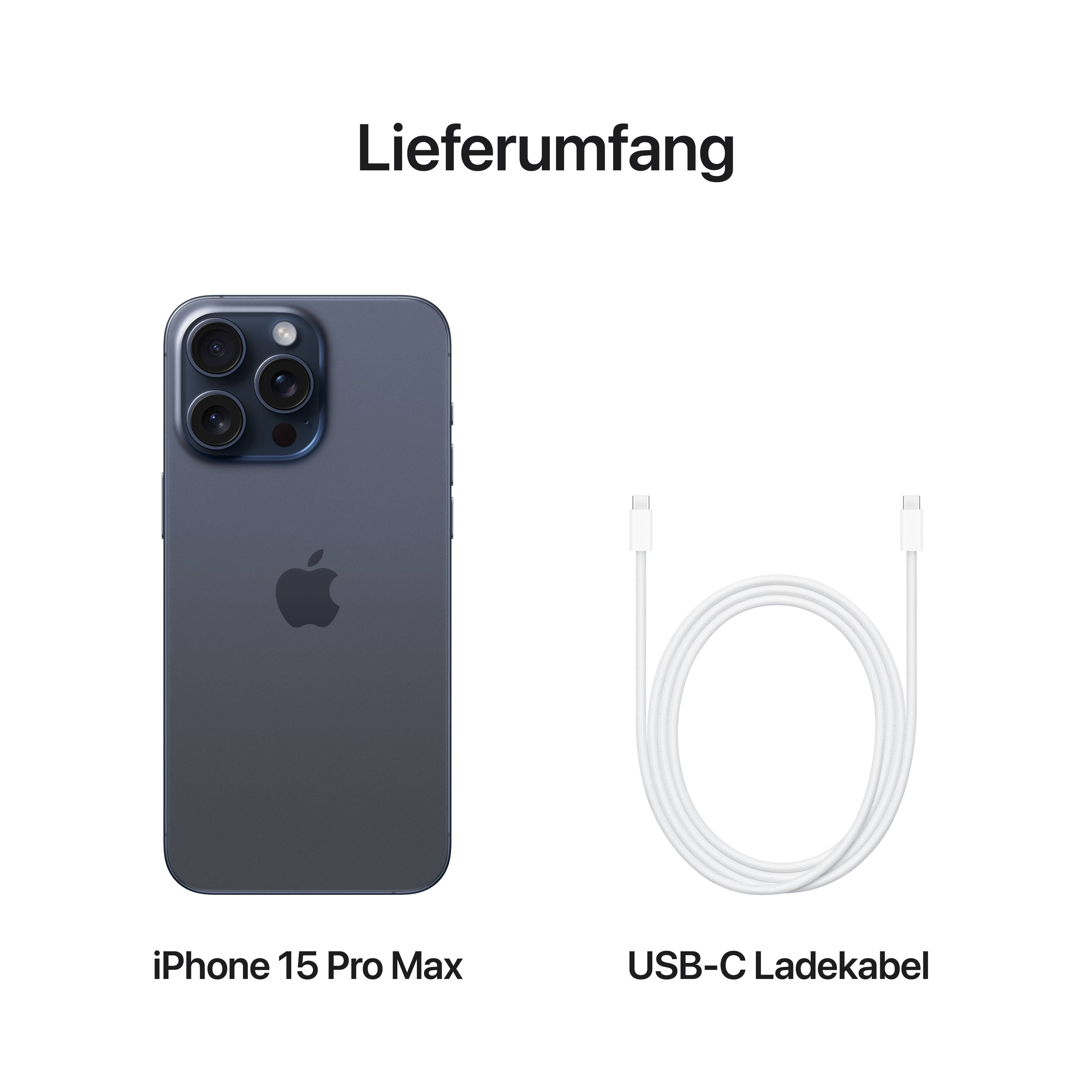 Lieferumfang. iPhone 15 Pro Max und USB-C Ladekabel nebeneinander abgebildet.