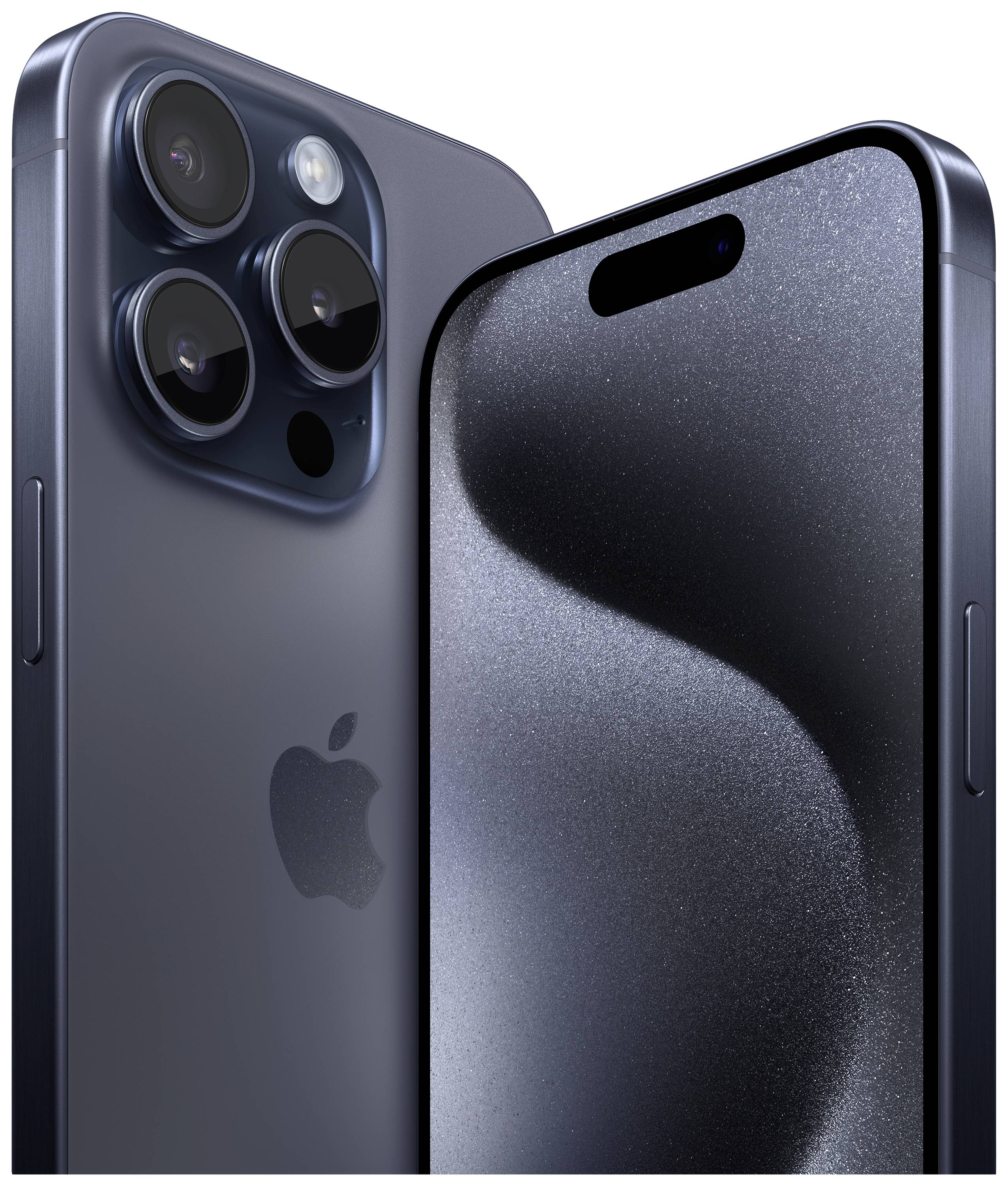 Zwei Smartphones nebeneinander. Links zeigt die Rückseite mit Kameras, rechts die Vorderseite mit Bildschirm. Beide in dunkler Farbe.