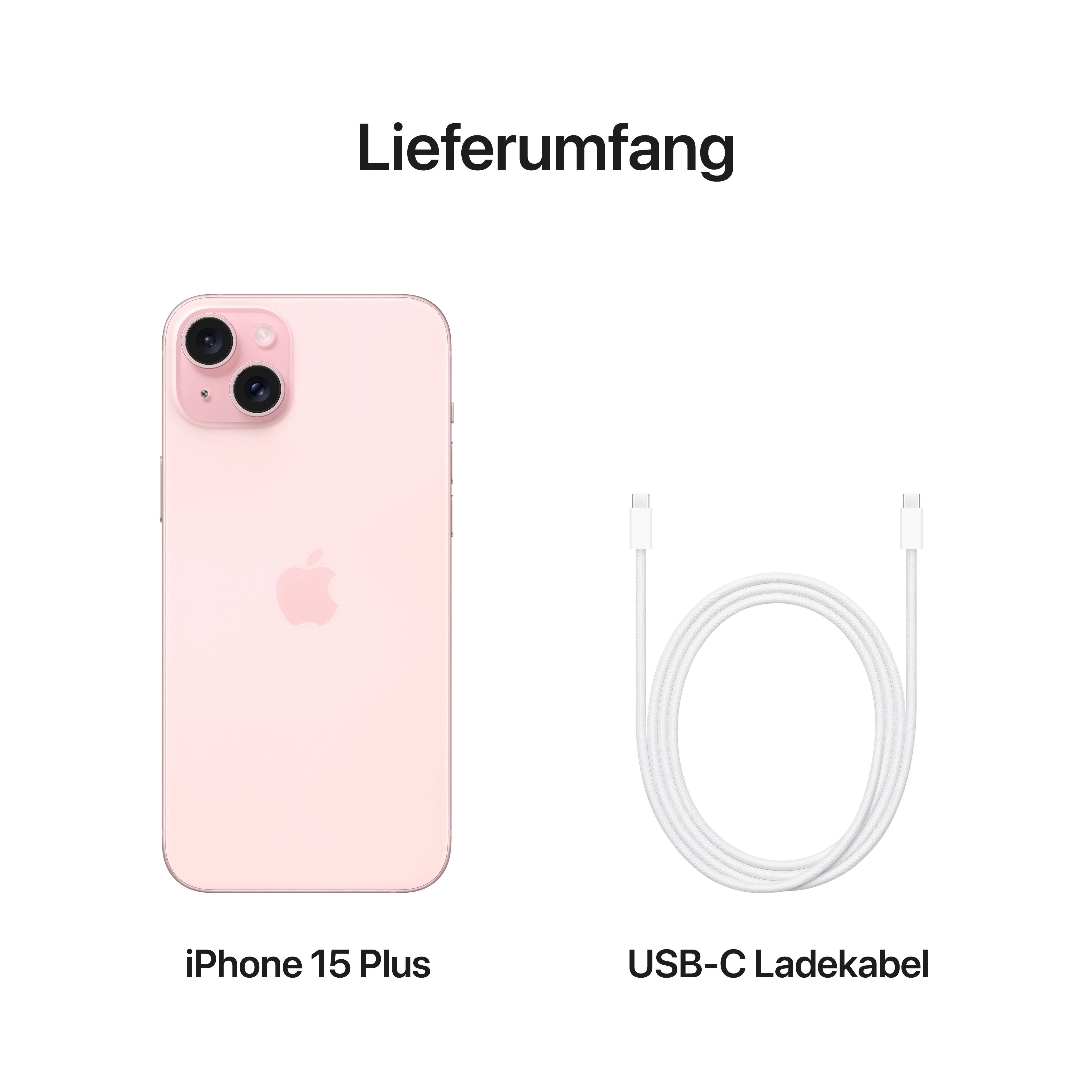 'iPhone 15 Plus' in Rosa und 'USB-C Ladekabel' abgebildet nebeneinander. Text oben: 'Lieferumfang'.