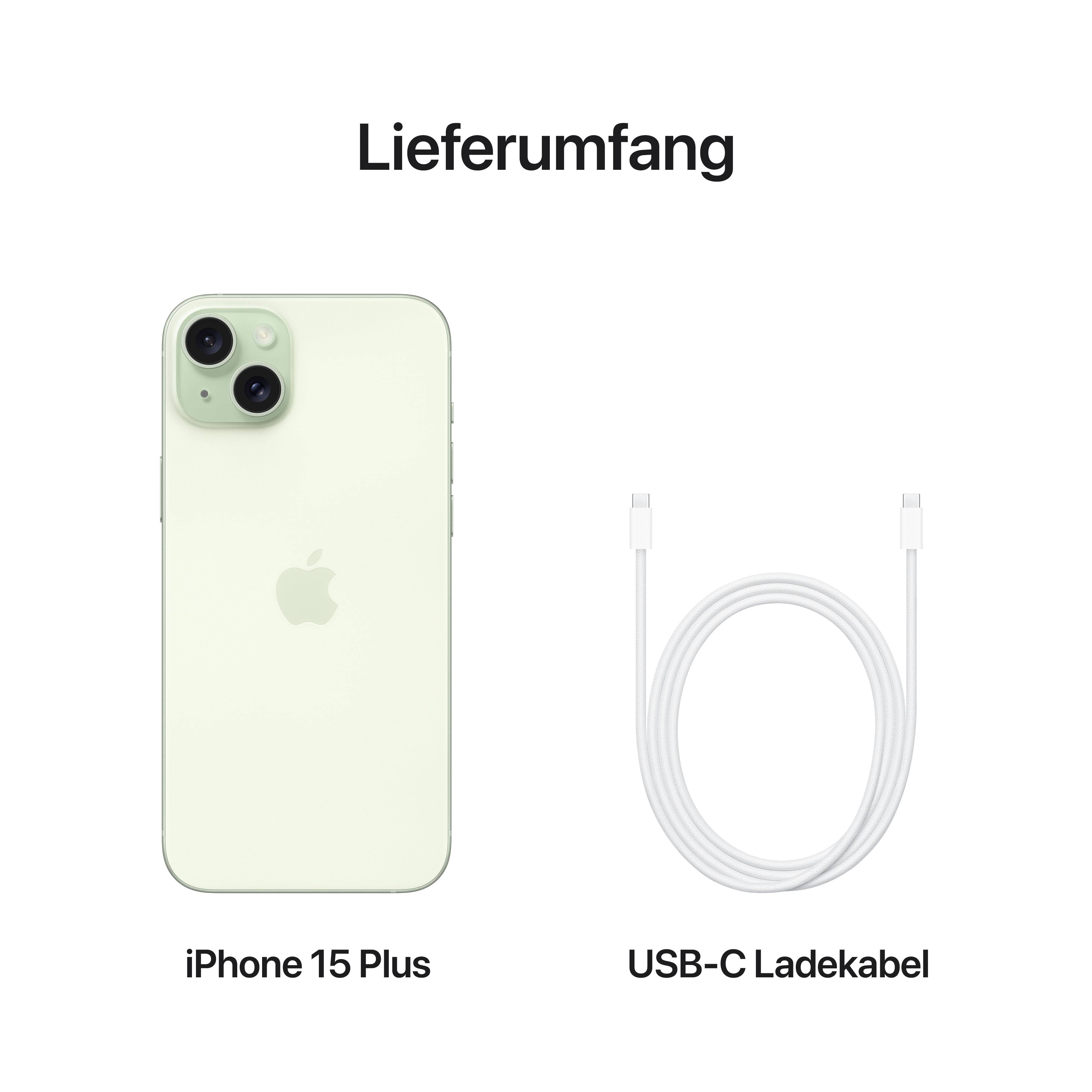 Lieferumfang: iPhone 15 Plus in grün und USB-C Ladekabel