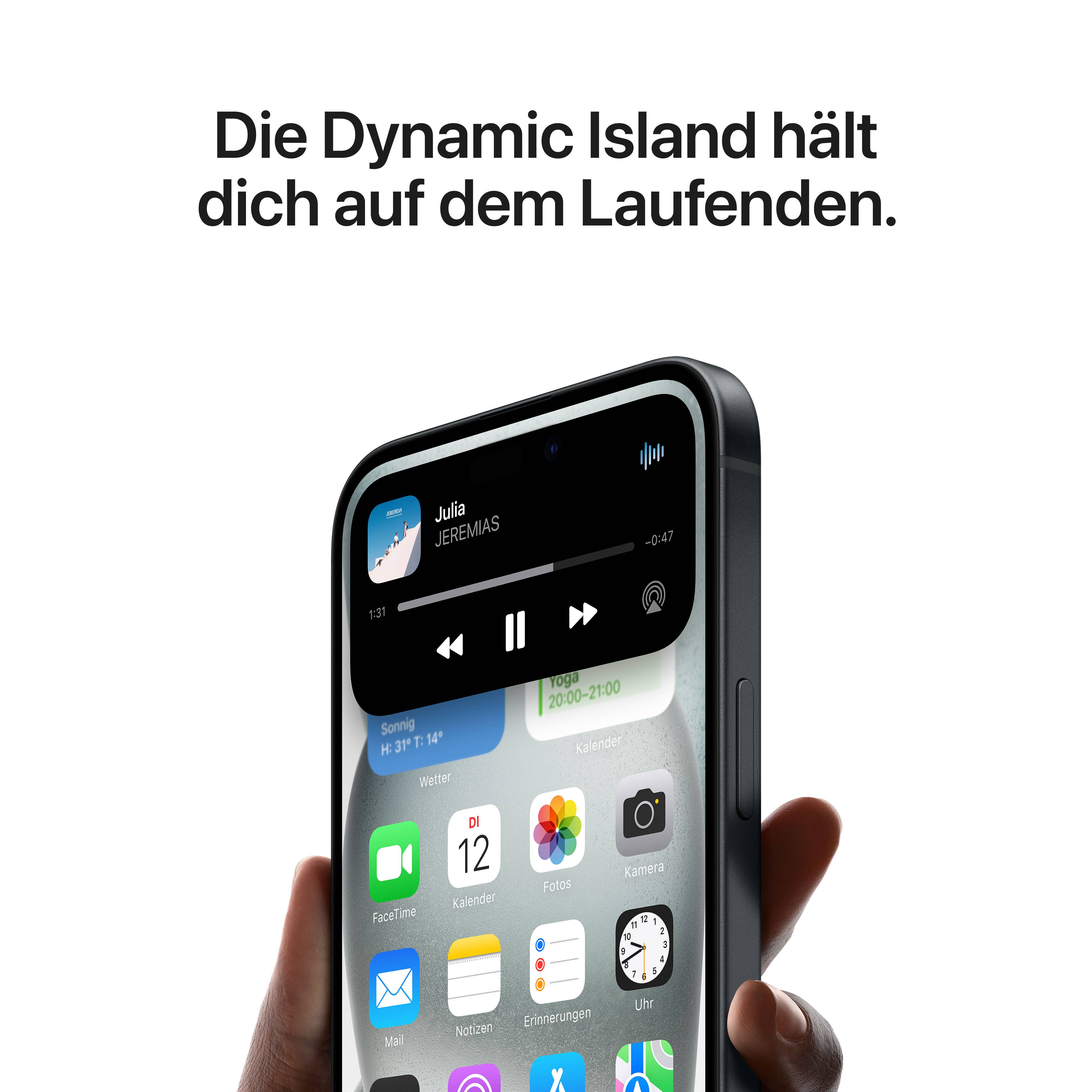 Ein Smartphone zeigt Musik-App 'Julia' von 'Jeremias'. Oben steht der Text 'Die Dynamic Island hält dich auf dem Laufenden'.