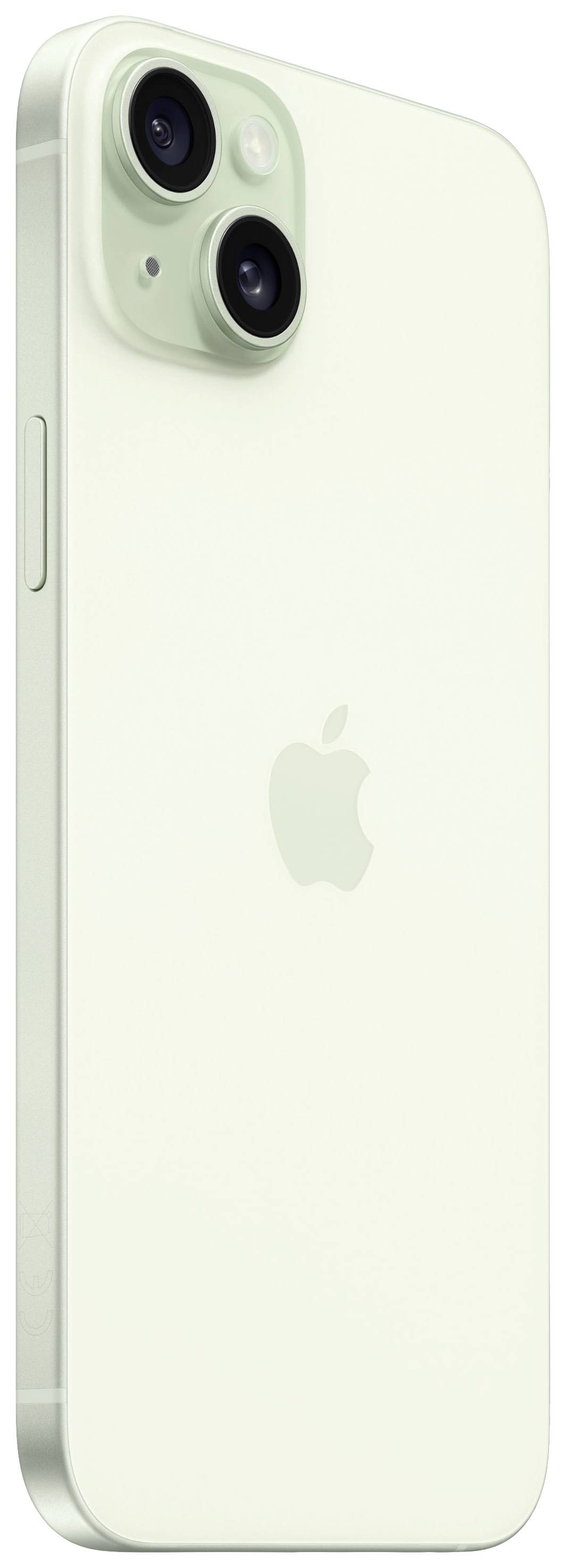 Ein Smartphone mit hellgrünem Gehäuse von schräg hinten gezeigt, präsentiert das Apple-Logo und eine doppelte Kamera auf der Rückseite.