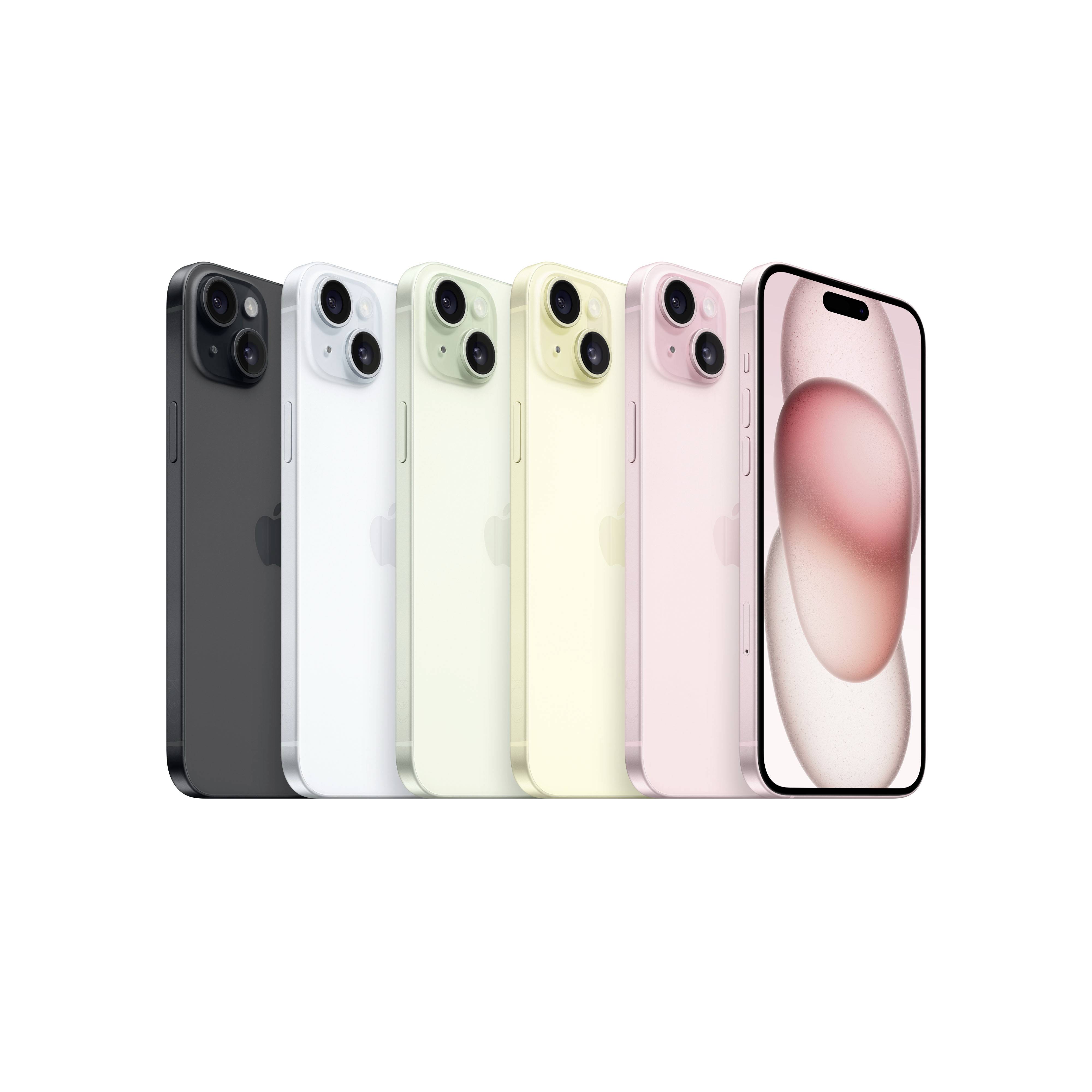 Fünf Smartphones in verschiedenen Farben nebeneinander stehend. Ein weiteres Smartphone zeigt ein Display mit abstraktem Motiv.