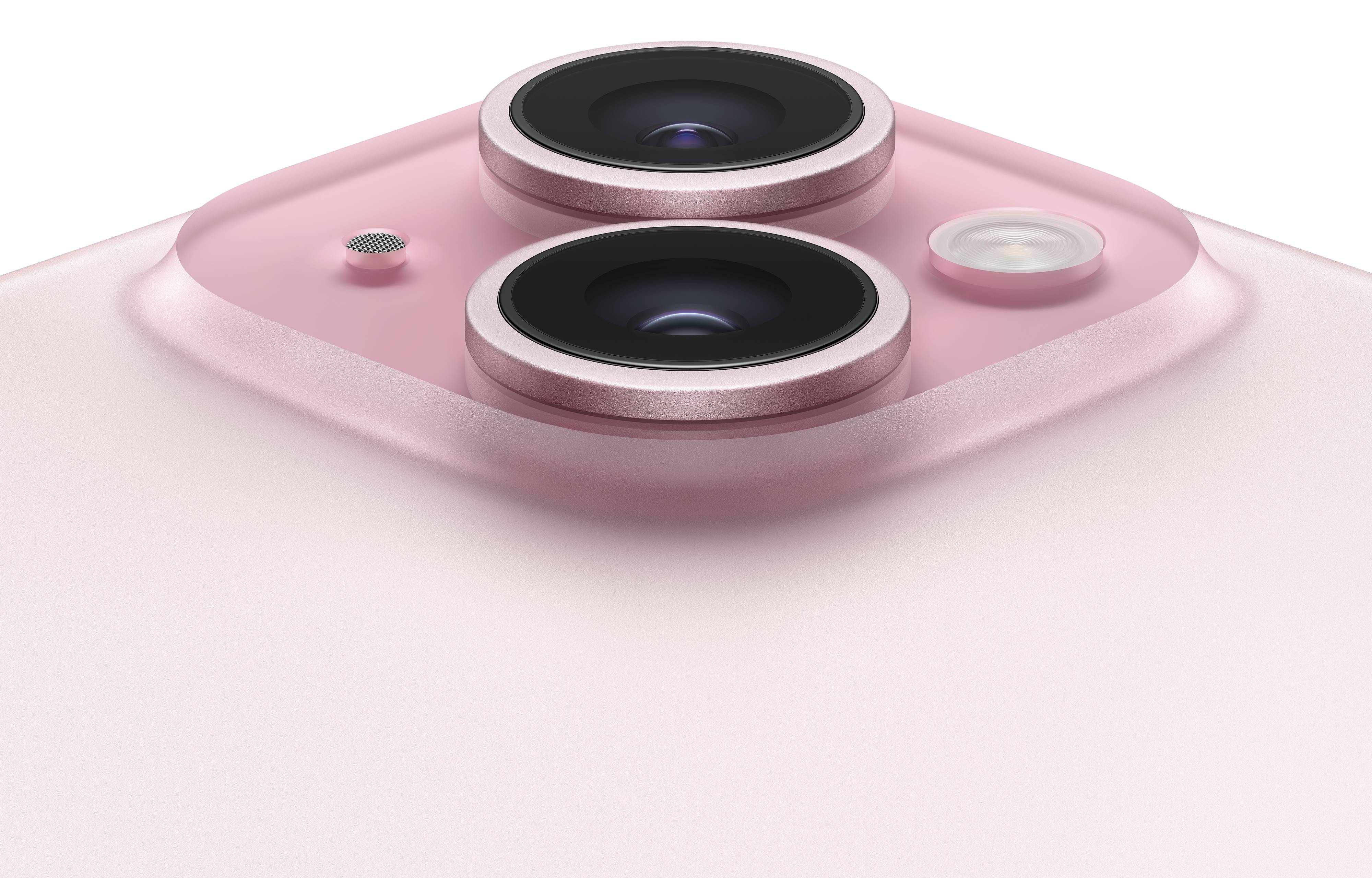 Rosa Smartphone-Rückseite mit zwei großen Kameralinsen und einem Blitz; minimalistisch und modern gestaltet.