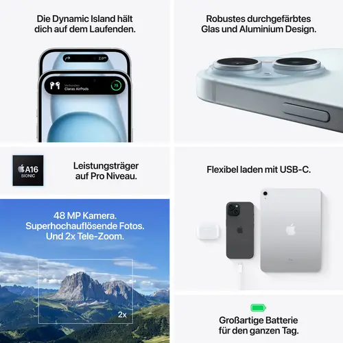 Apple iPhone 15 Blau 128 GB 15.5 cm (6.1 Zoll) Apple iPhone 15 Blau 128 GB 15.5 cm (6.1 Zoll)