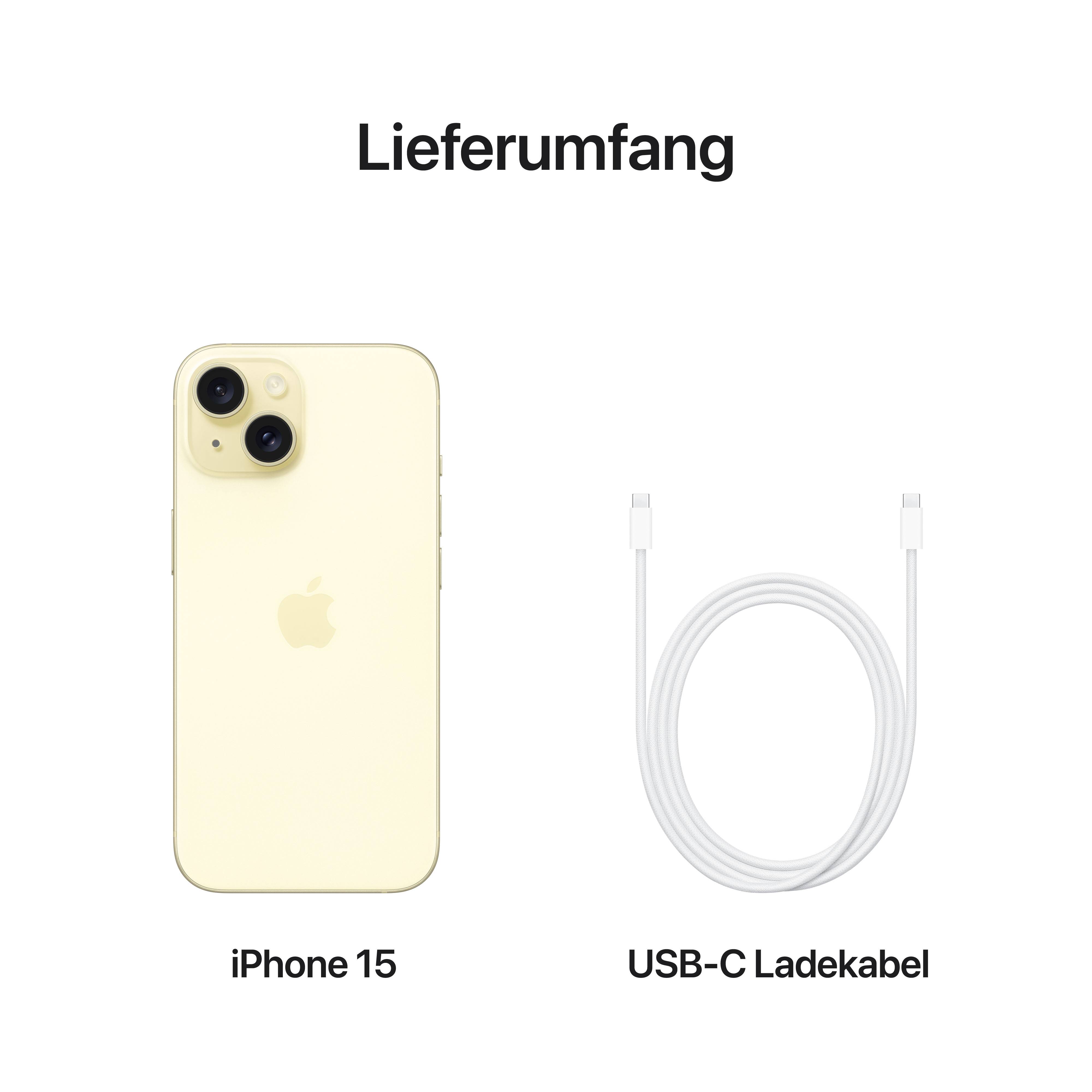 'Lieferumfang' zeigt ein gelbes iPhone 15 und ein USB-C Ladekabel.