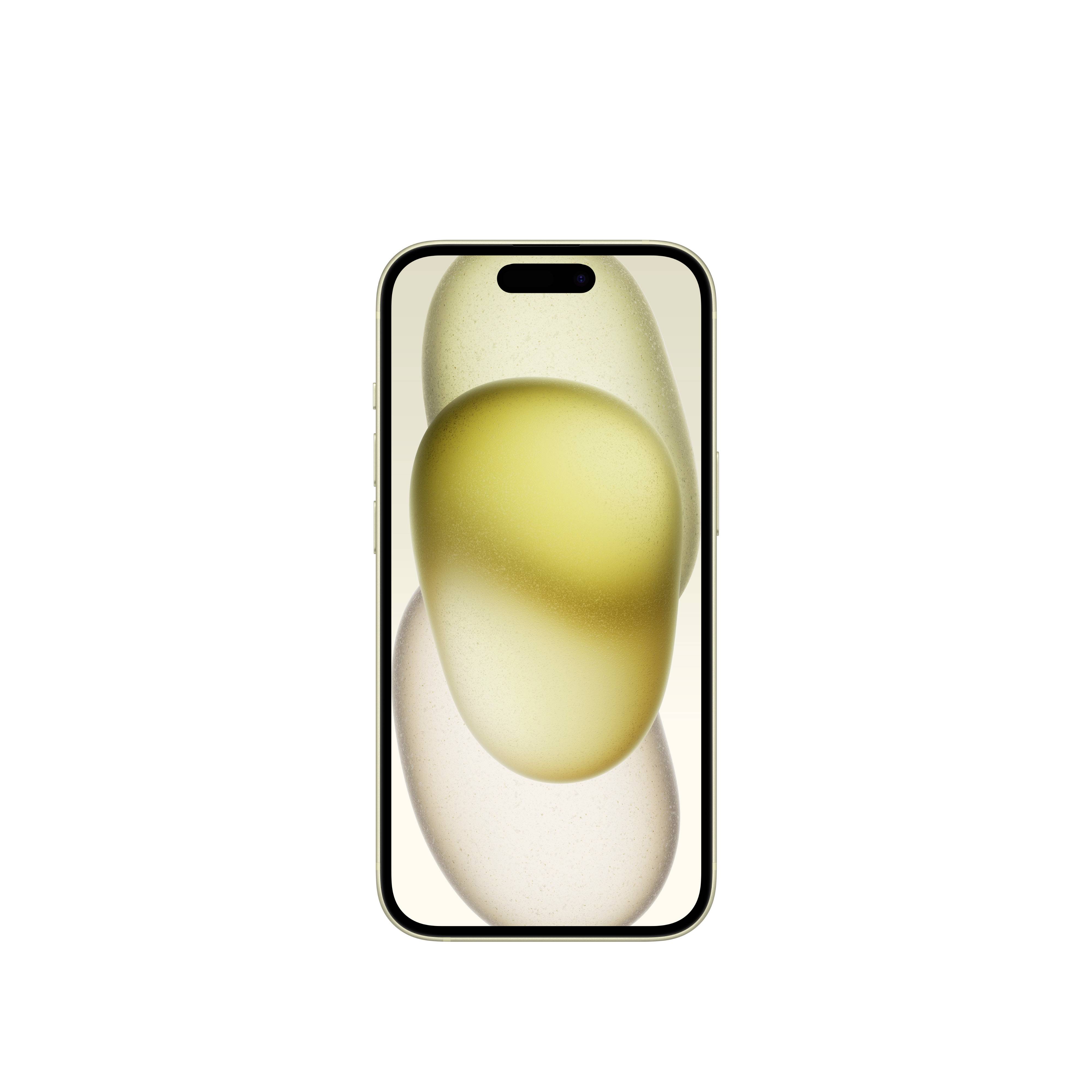 Ein Smartphone mit einem Display, das abstrakte, ineinandergreifende ovale Formen in Gelb- und Beigetönen zeigt.