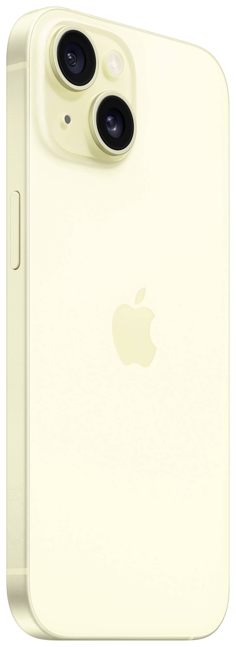 Ein gelbes Smartphone mit zwei Kameralinsen auf der Rückseite. Das Gerät hat abgerundete Ecken und das Apple-Logo ist sichtbar.