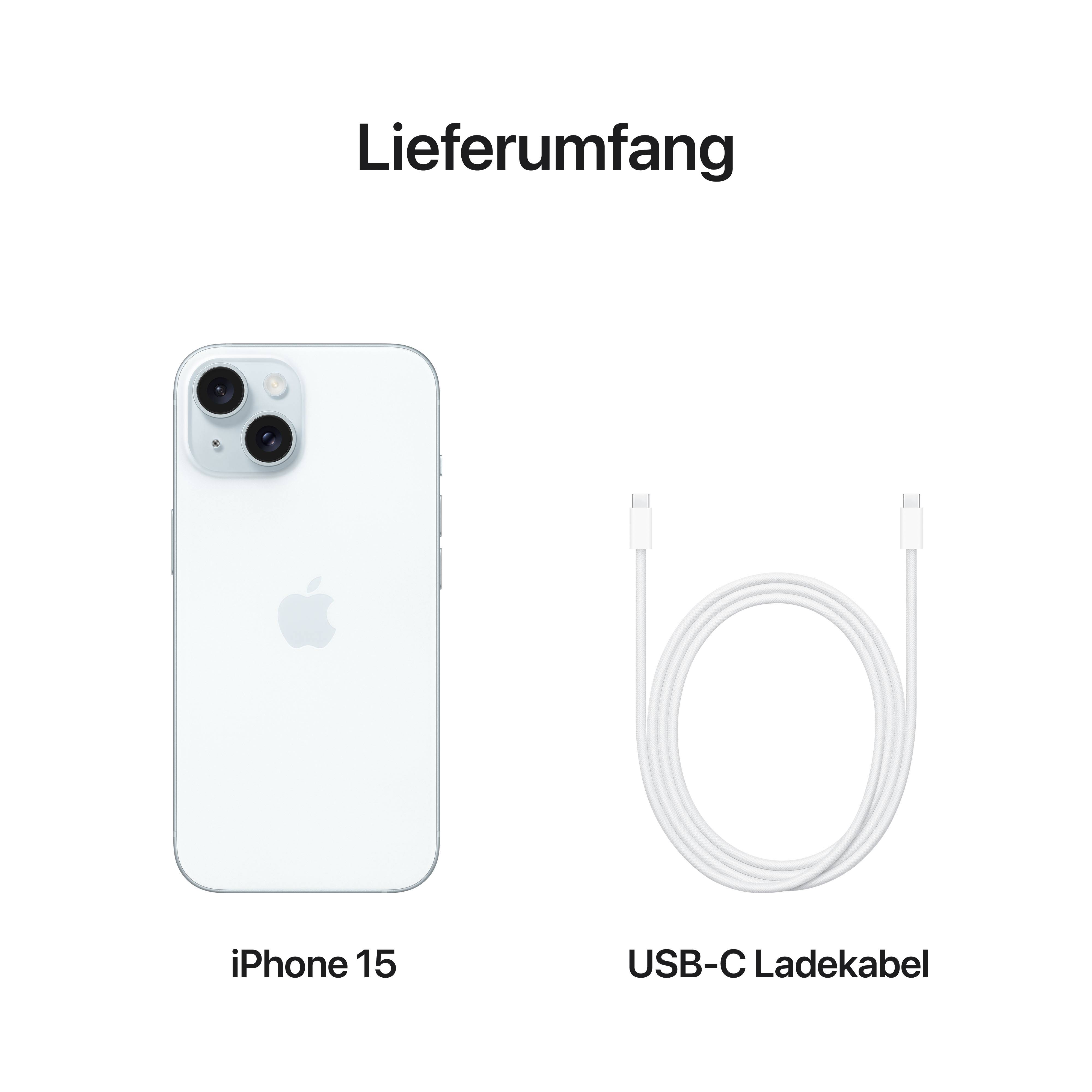 iPhone 15 und USB-C Ladekabel nebeneinander dargestellt, beschriftet mit 'iPhone 15' und 'USB-C Ladekabel' unter dem Titel 'Lieferumfang'.