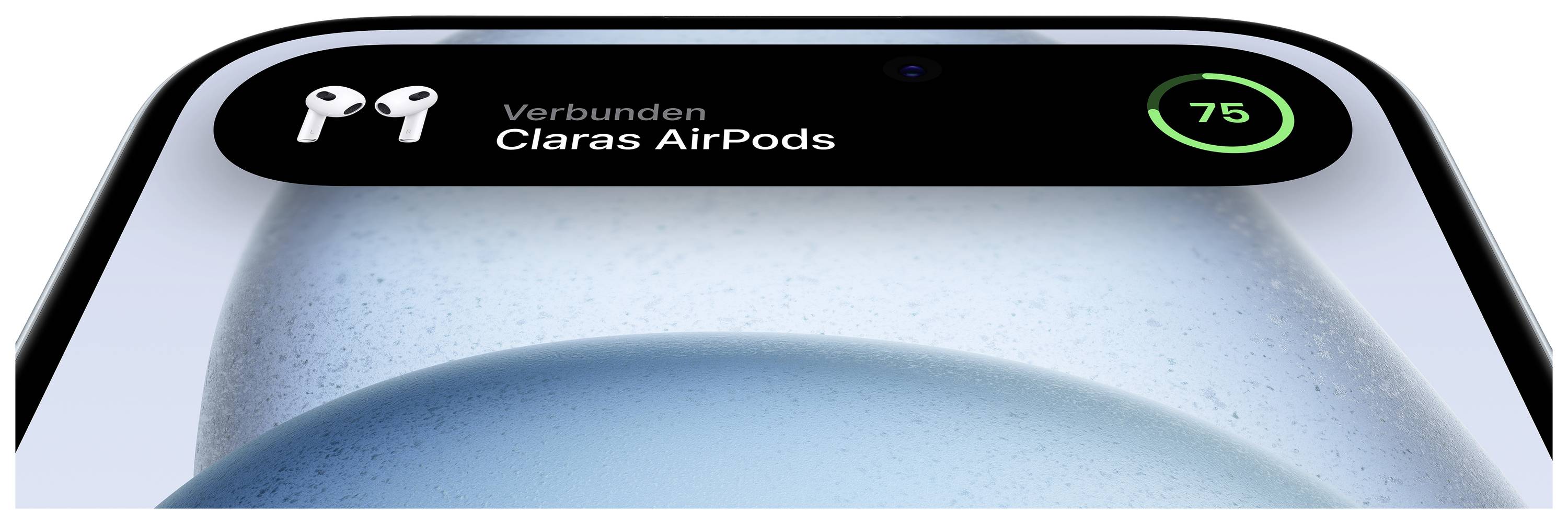 Anzeige eines iPhone-Bildschirms, der mit AirPods verbunden ist. Der Akku der AirPods wird mit 75% angezeigt.