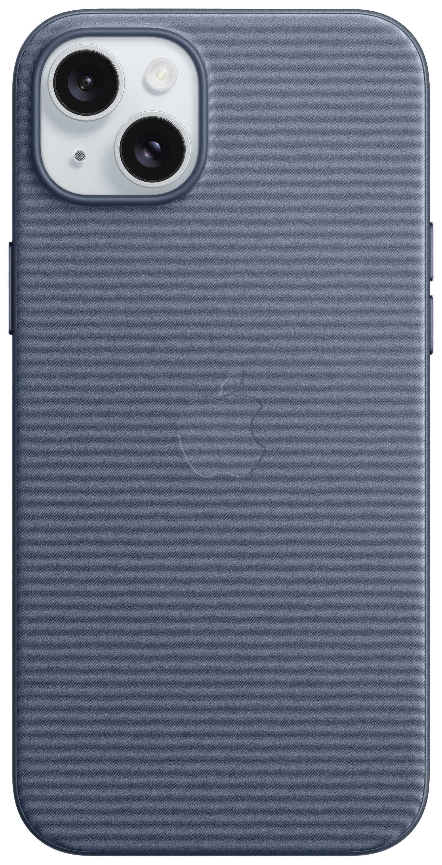 Ein blaues Smartphone mit zwei Kameras auf der Rückseite. Das Logo in der Mitte zeigt einen angebissenen Apfel.