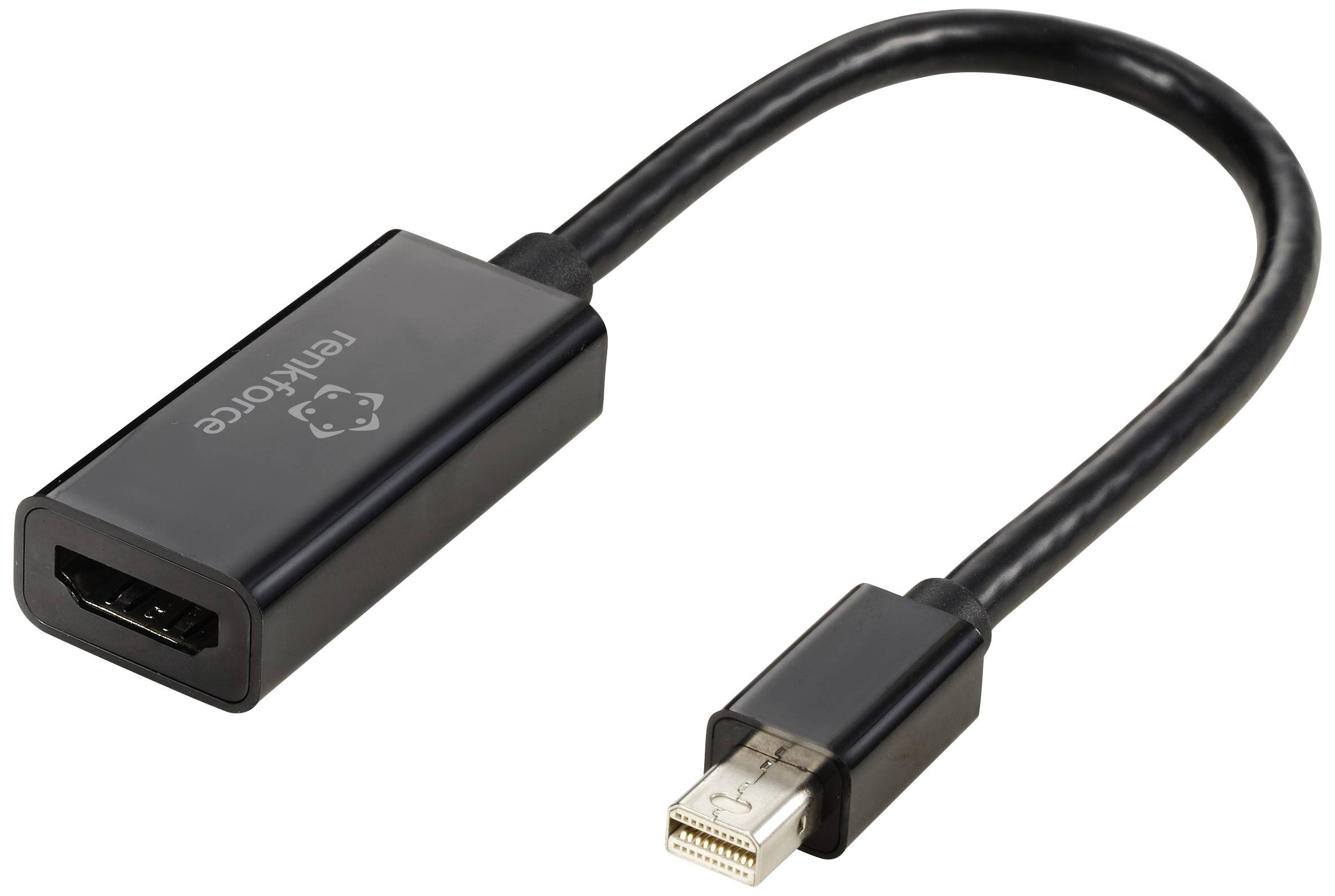Schwarzes Kabel mit HDMI-Stecker auf der einen Seite und einem Mini DisplayPort-Stecker auf der anderen Seite, zum Anschluss von Geräten.