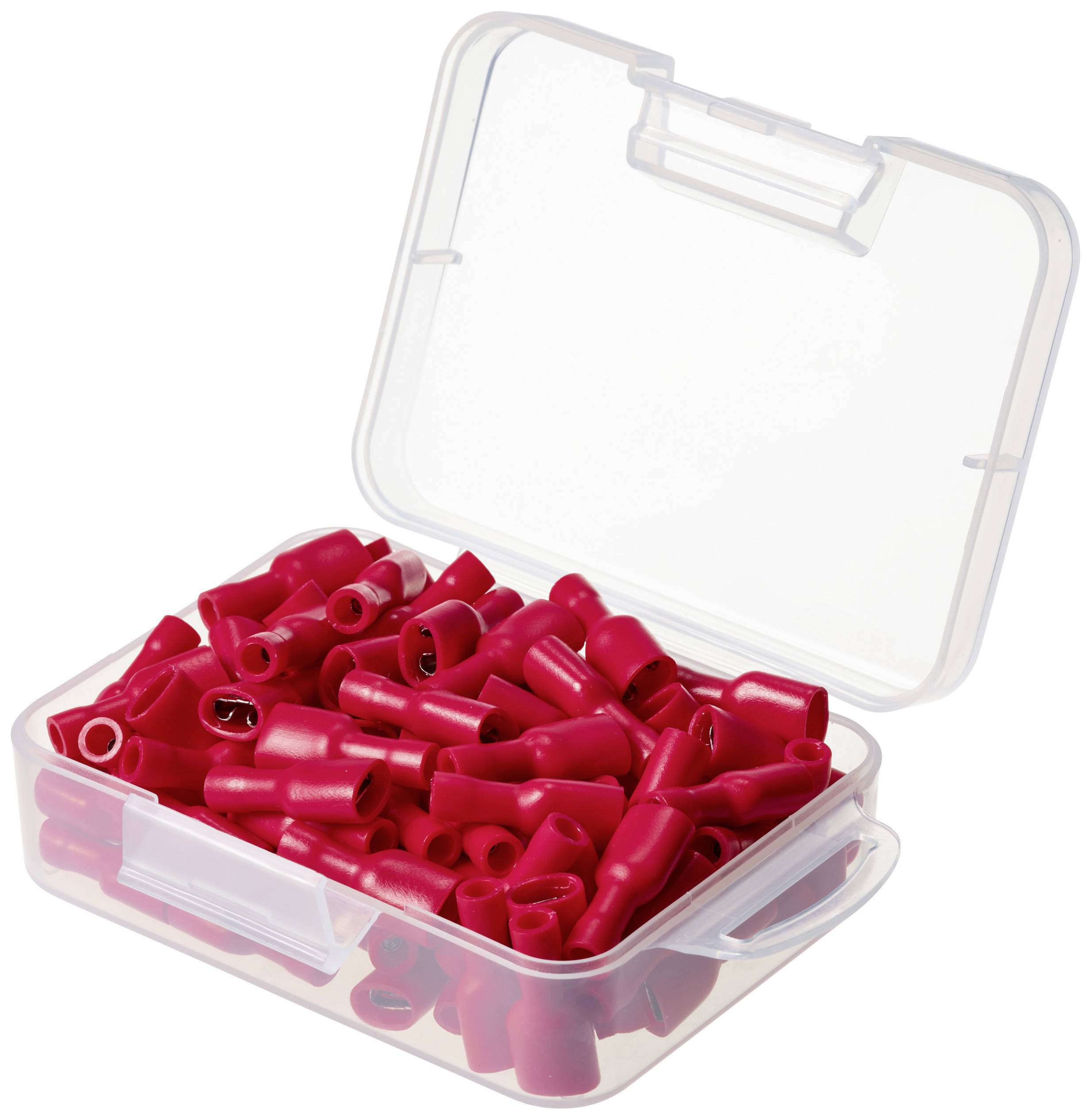 Durchsichtige Plastikbox mit rotem Kabelschuhzubehör. Box ist geöffnet und zeigt eine Vielzahl von roten, isolierten Anschlussklemmen.