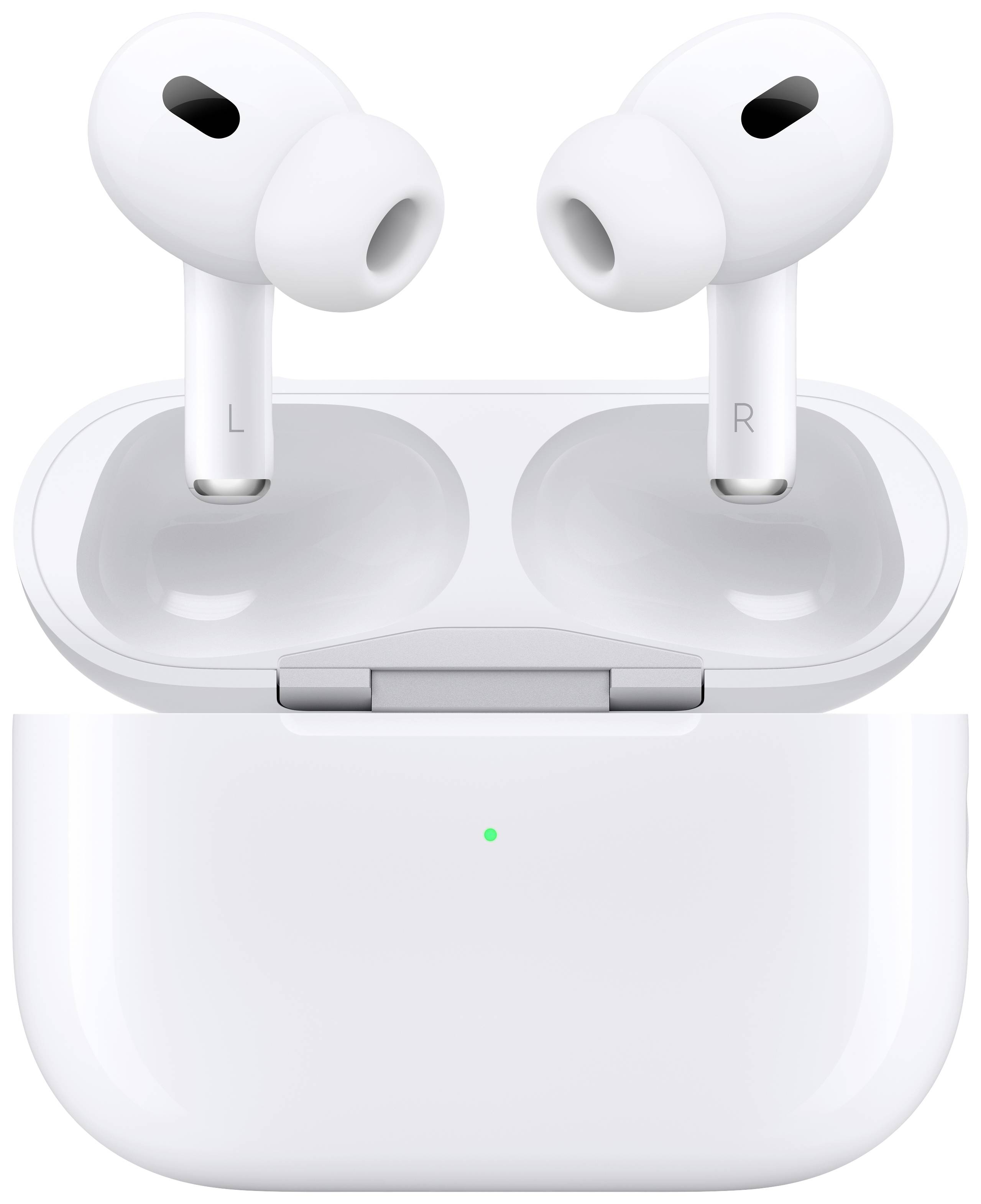 Weiße kabellose In-Ear-Kopfhörer mit Ladecase, beide Ohrstücke sind in ihrer Halterung positioniert. Ideal für unterwegs.
