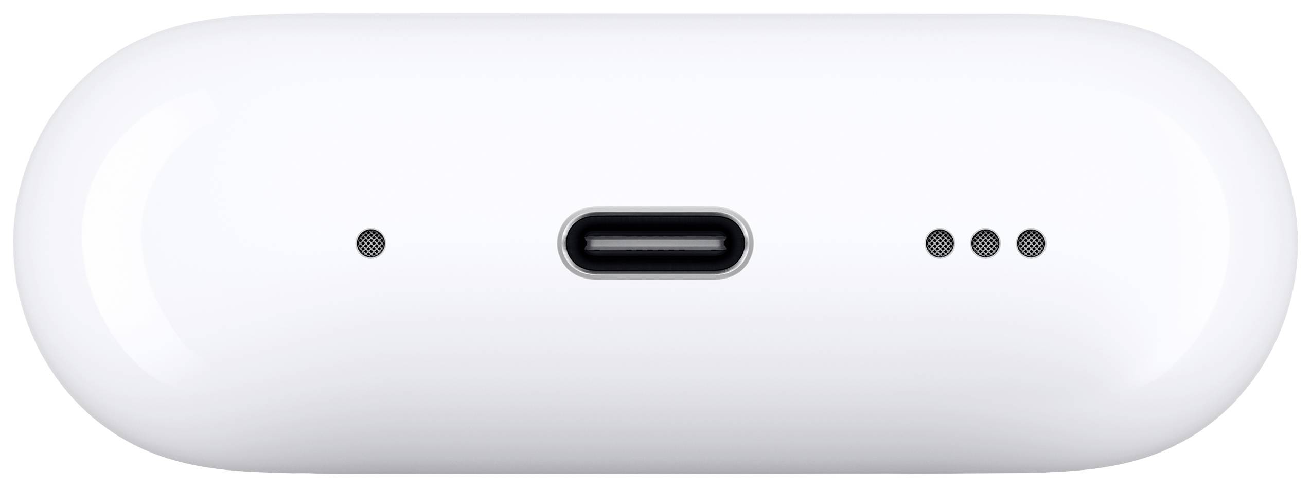 Weiße, ovale Hülle mit USB-C-Anschluss in der Mitte und drei kleinen Löchern rechts, vermutlich für kabellose Ohrhörer.