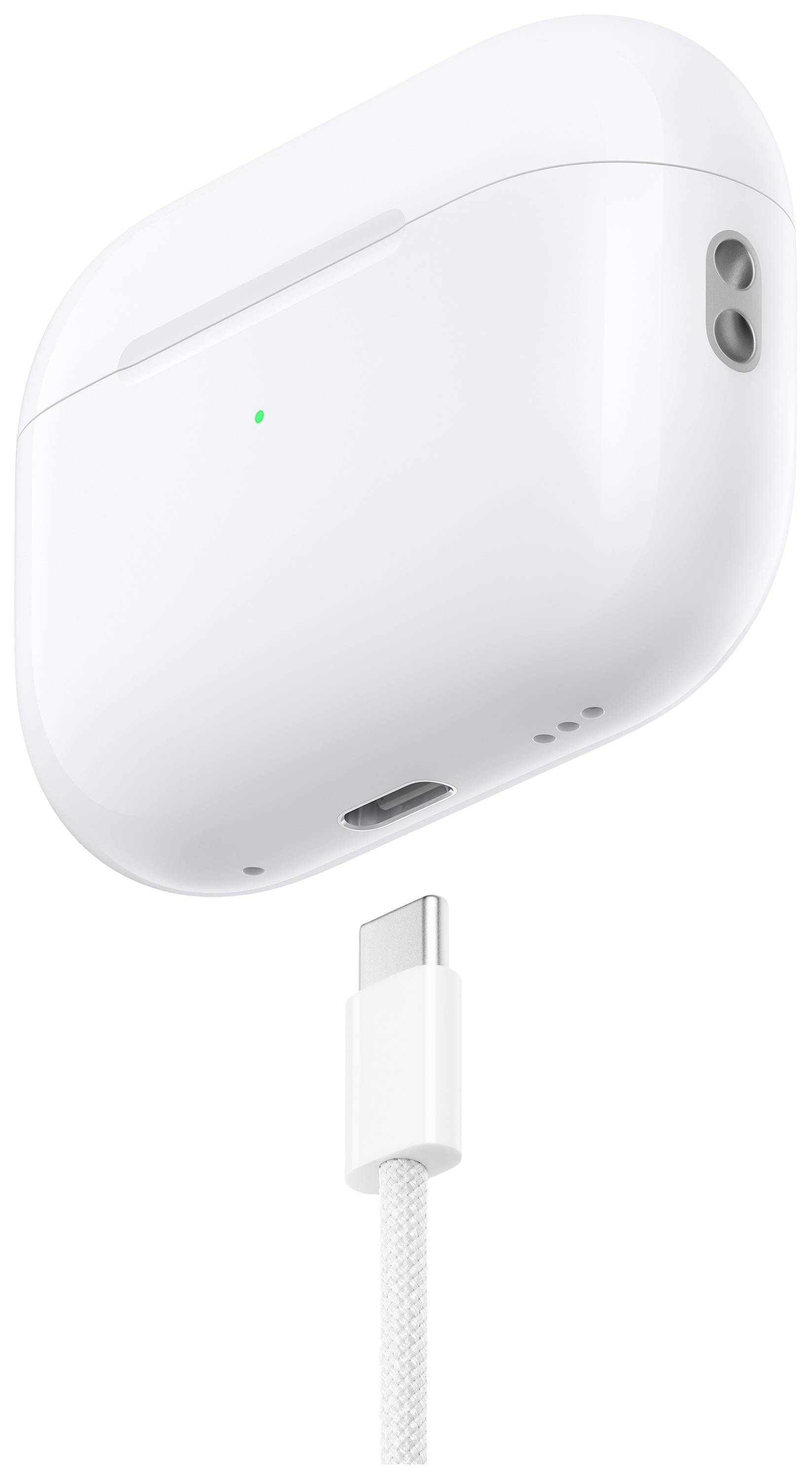 Kabelloses Ohrhörer-Ladecase in Weiß mit Ladediodenanzeige, darunter ein USB-C-Ladekabel.