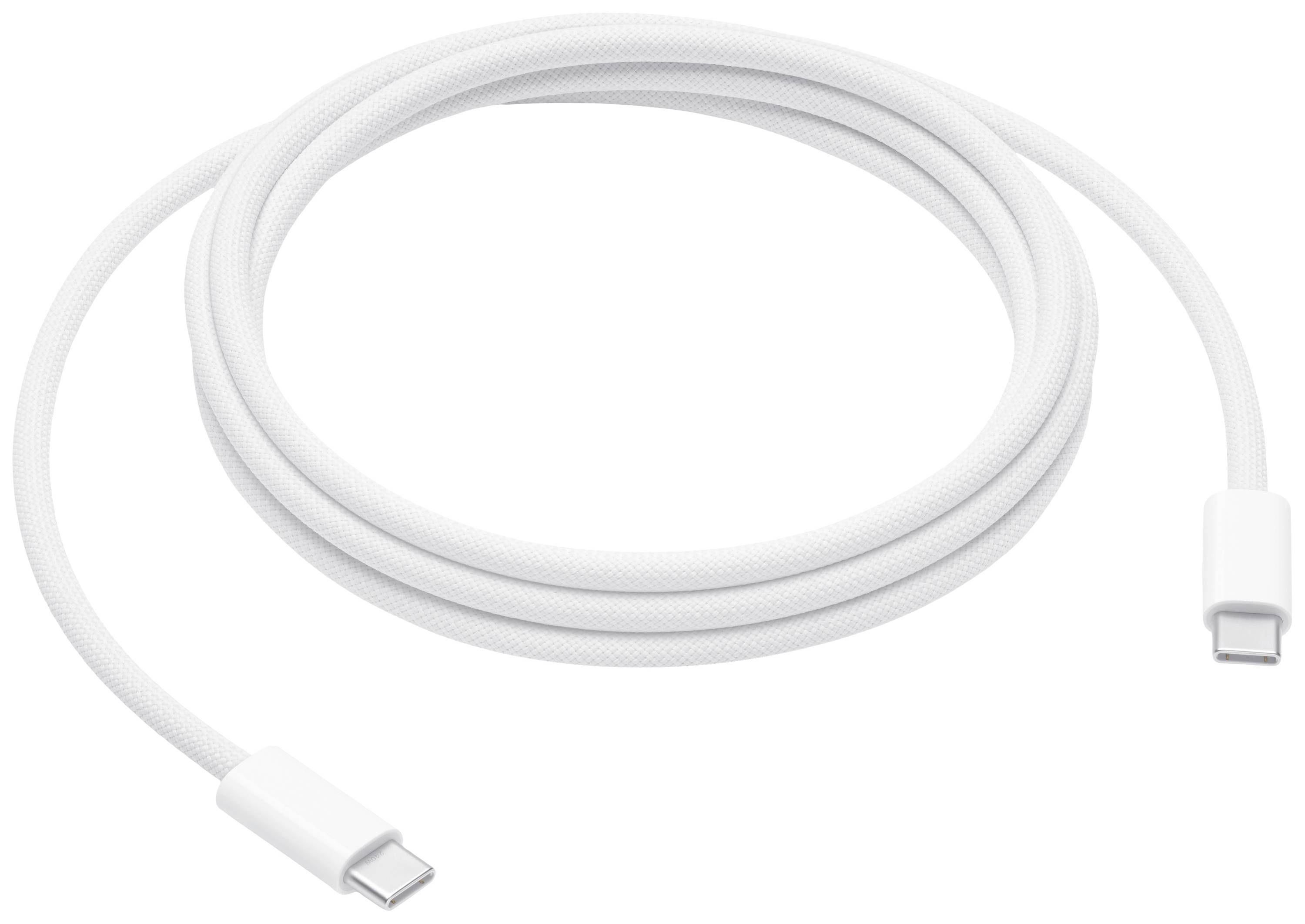Ein weißes USB-C-auf-USB-C-Kabel, geeignet zum Laden und zur Datenübertragung, liegt locker aufgerollt auf einer flachen Oberfläche.