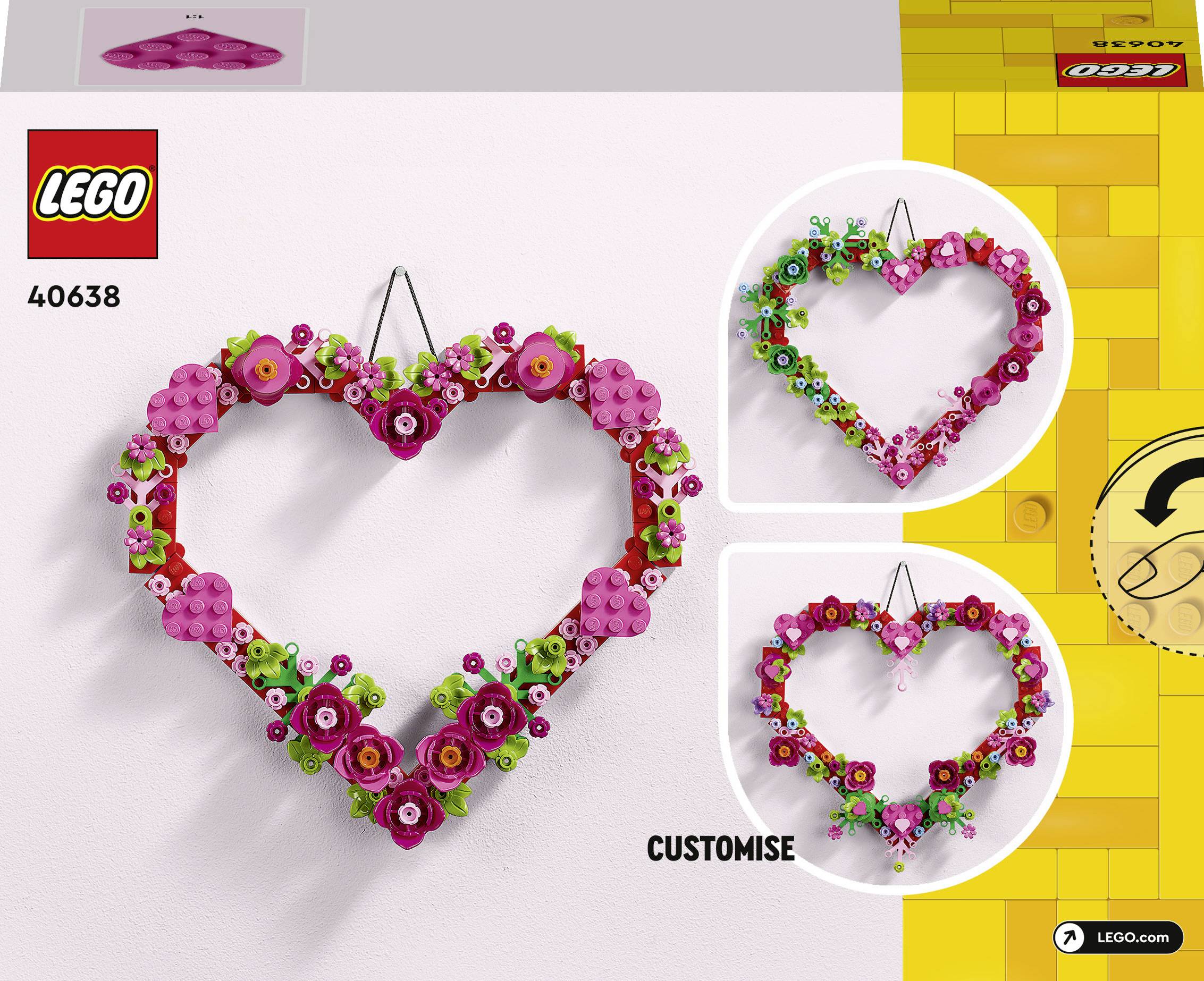 Herzförmiger Blumenkranz aus LEGO-Steinen in Rosa und Grün. Zwei Varianten des Kranzes werden gezeigt. Setnummer 40638.