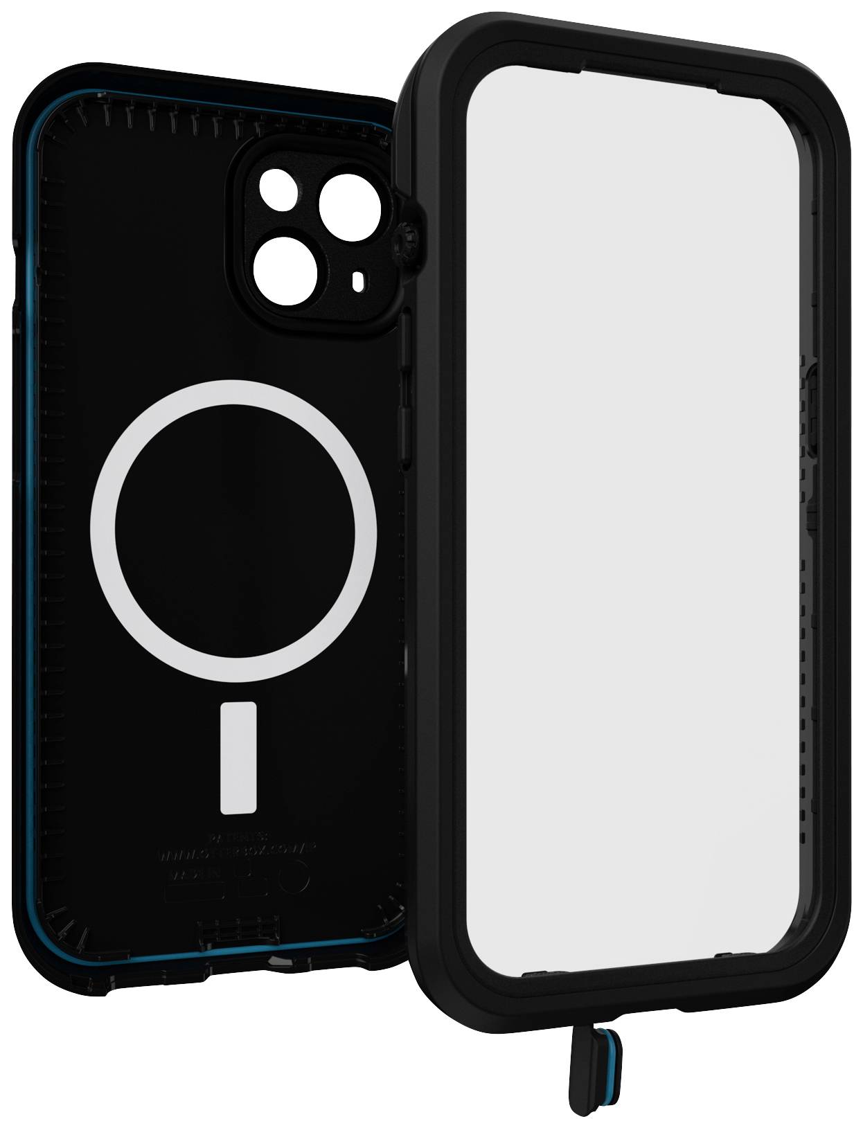 Schwarzes, robustes Handyhülle mit transparentem Frontcover und großem kreisförmigem Symbol auf der Rückseite für MagSafe-Kompatibilität.