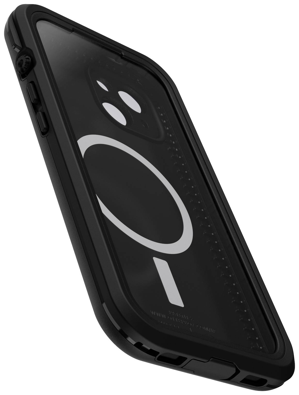 Schwarzes Smartphone im robusten, transparenten Case, das stoßfest wirkt. Die Rückseite zeigt ein markantes, weißes Lademuster.