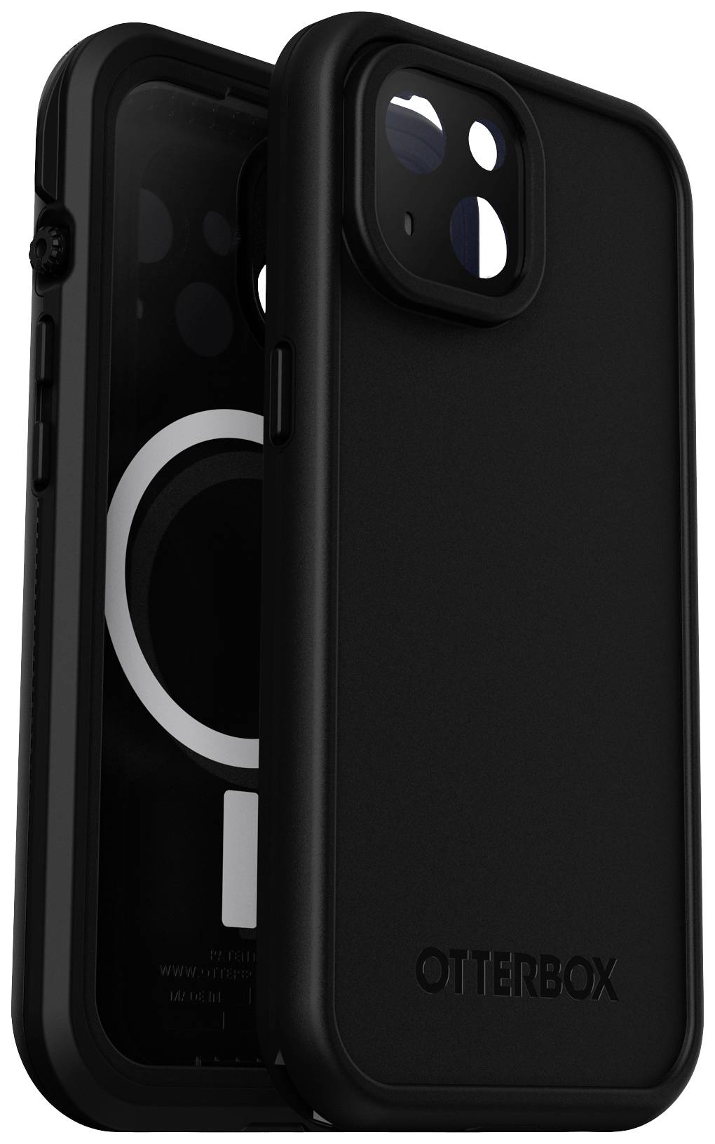 Schwarze Otterbox-Handyhülle mit robustem Design und Aussparungen für Kamera und Anschlüsse, für MagSafe-kompatible Geräte.