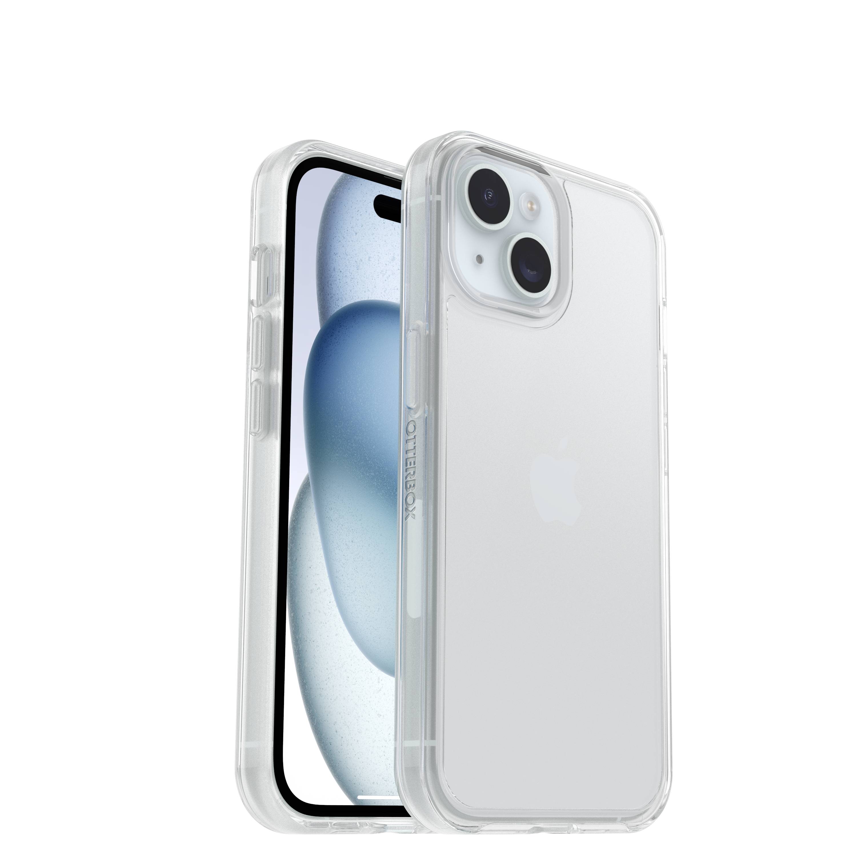 Ein Smartphone mit transparentem Schutzhülle, das zwei Kameras und ein glattes, modernes Design zeigt.