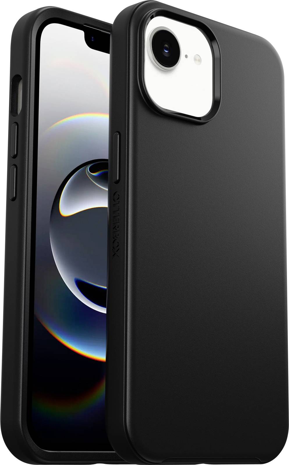 Schwarze Schutzhandyhülle an einem iPhone angebracht, mit erhabener Kameraaussparung und Seitentastenschutzkappen, von vorne und hinten gegen einen weißen Hintergrund dargestellt.