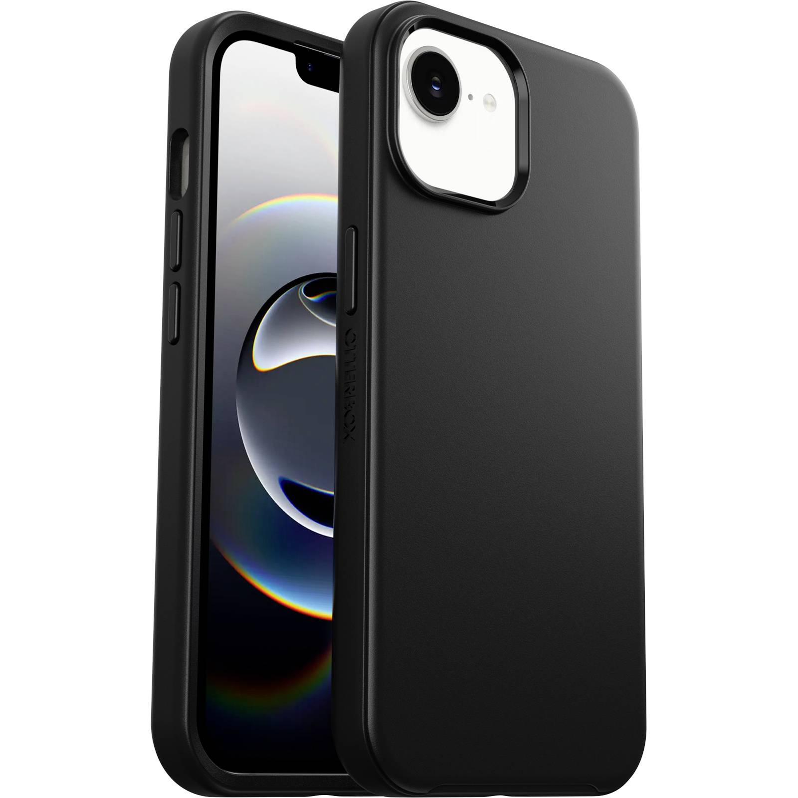 Schwarze Schutzhandyhülle an einem iPhone angebracht, mit erhabener Kameraaussparung und Seitentastenschutzkappen, von vorne und hinten gegen einen weißen Hintergrund dargestellt.