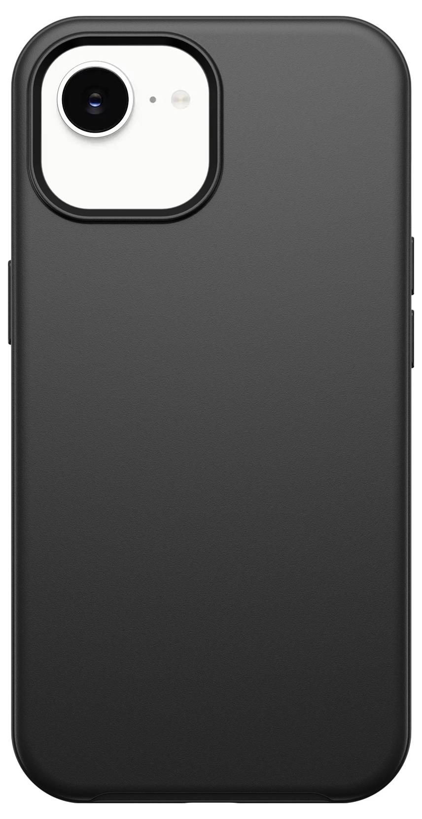 Schwarze Smartphone-Hülle mit quadratischem Kameraausschnitt für eine einzelne Rückfahrtkamera und Blitz.