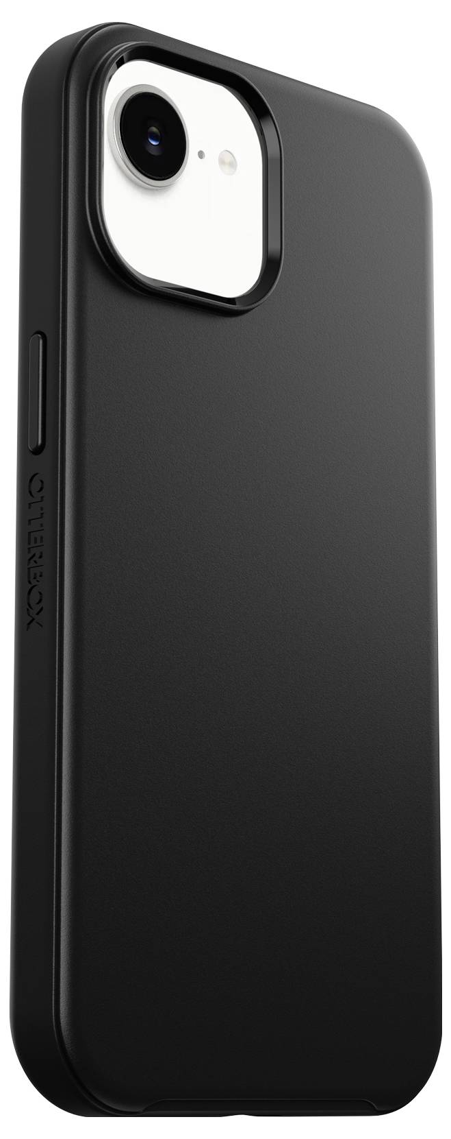 Schwarze Smartphone-Schutzhülle mit erhöhener Kameraaussparung, von hinten und von der Seite dargestellt.