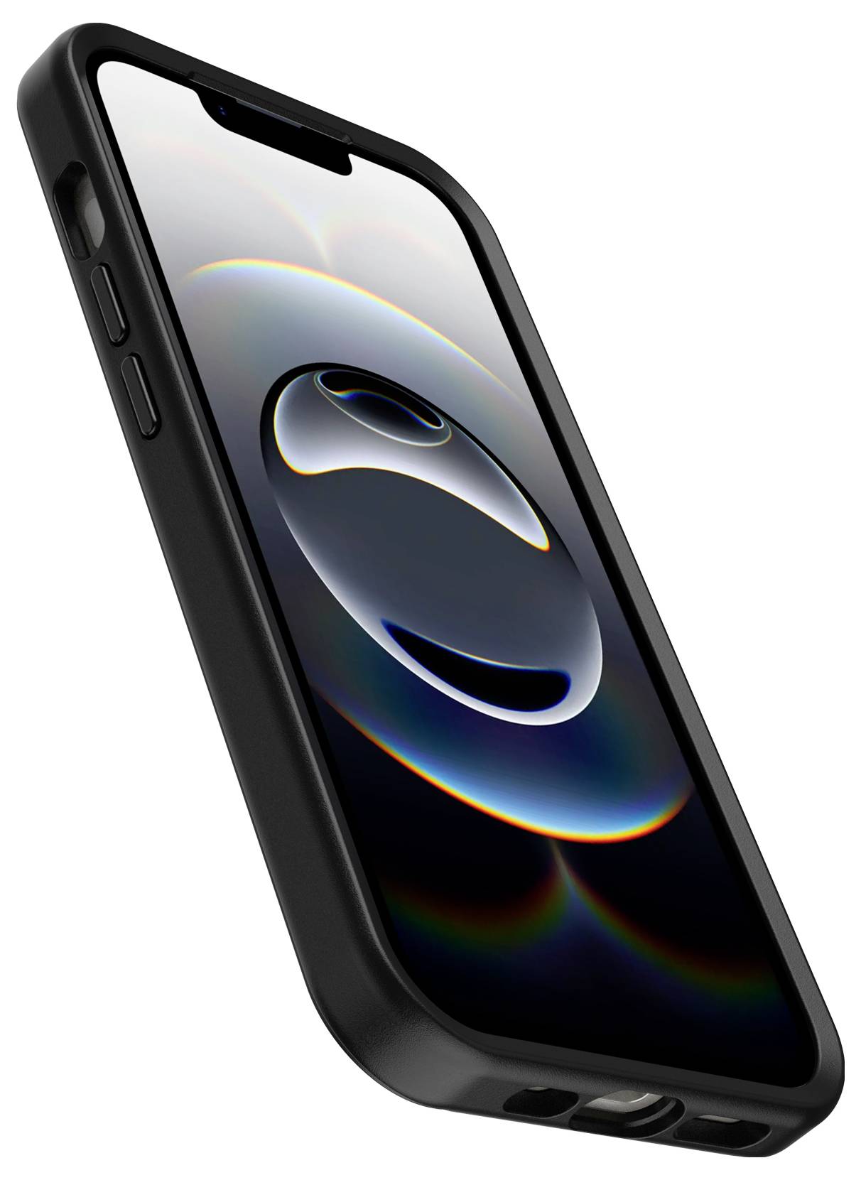 Schwarzes Smartphone in einer Schutzhülle in schrägem Blickwinkel dargestellt, mit aktiviertem Display und sichtbarer Notch und Seitenknöpfen.