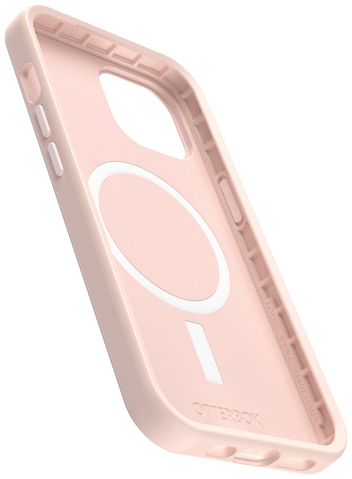 Rosafarbene Handyhülle mit kreisförmigem Muster, kompatibel mit einem Smartphone. Robust und schützend mit seitlichen Tasten.