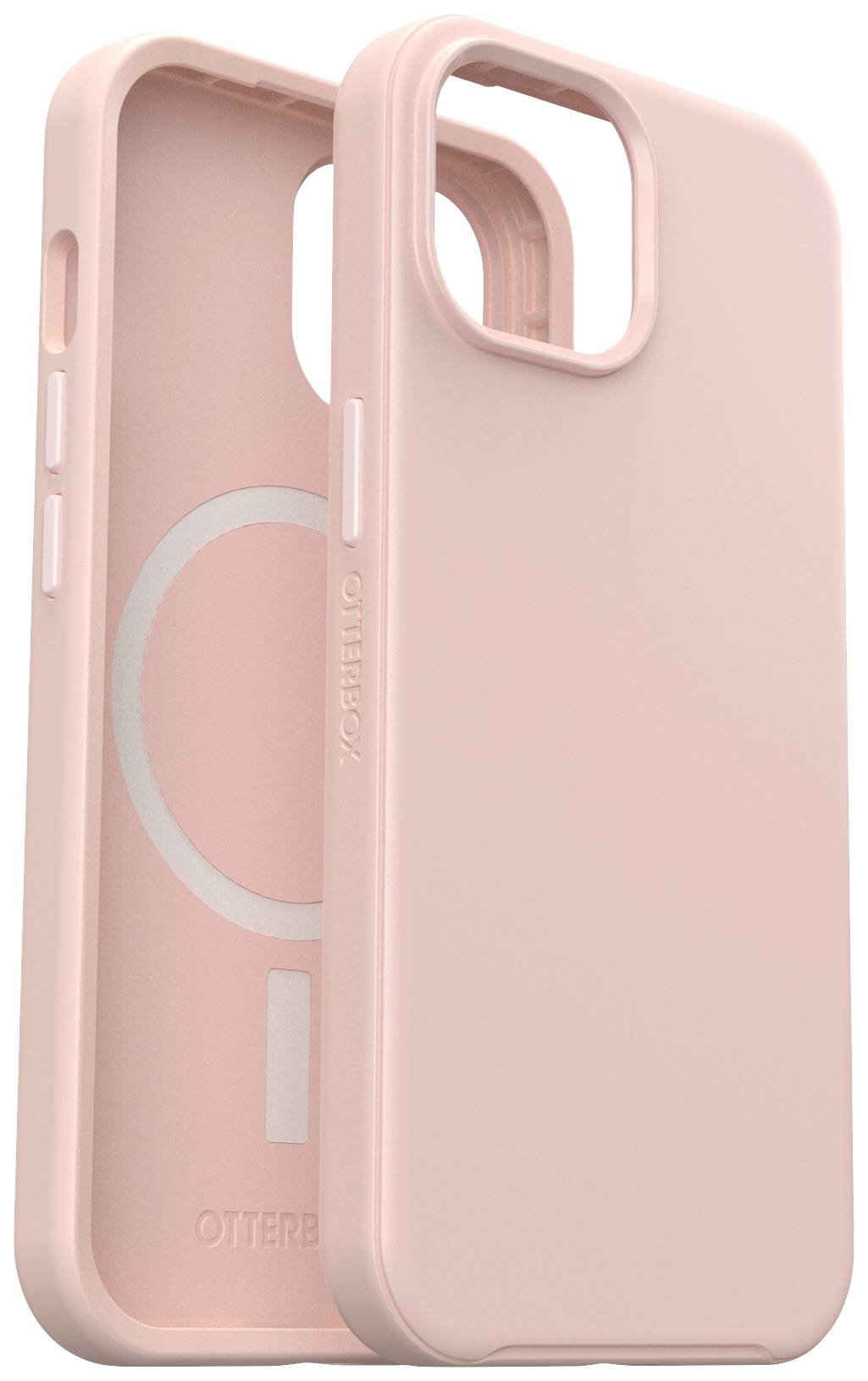 Zwei rosafarbene Handyhüllen, eine schwebend vor der anderen, zeigen das Innere mit MagSafe-kompatiblem Ring und Markenlogo.