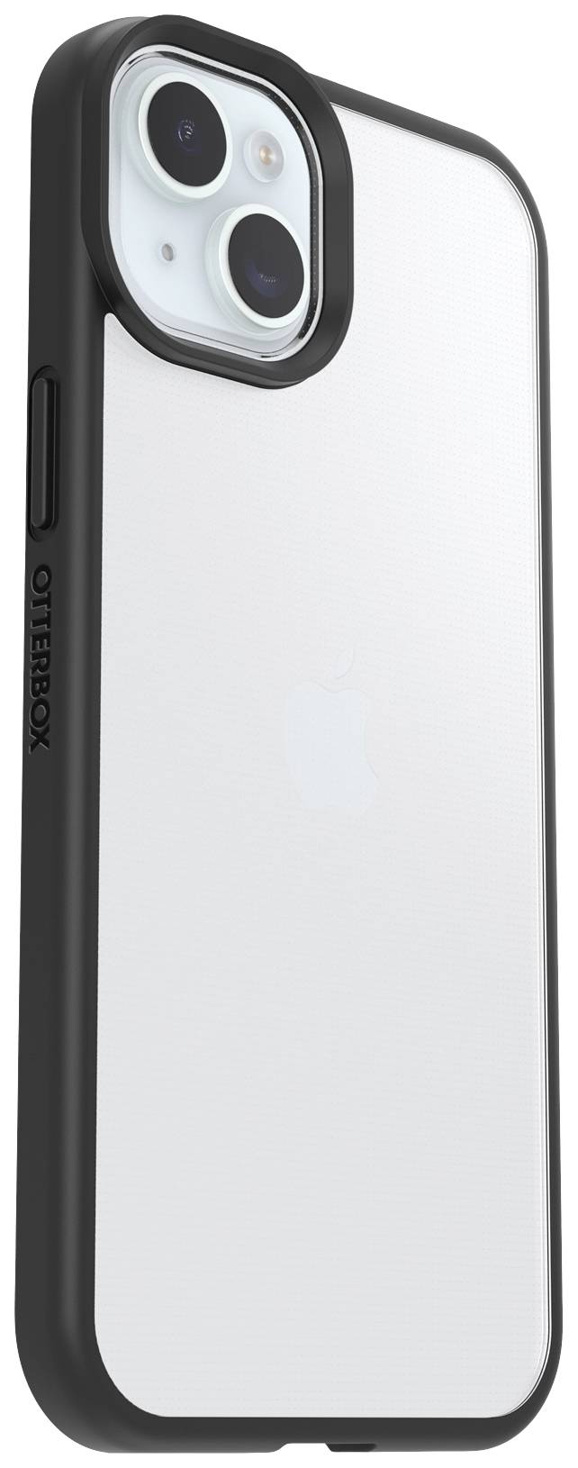 Ein modernes Smartphone mit weißer Rückseite und zwei Kameras, geschützt von einer schwarzen OtterBox-Hülle.