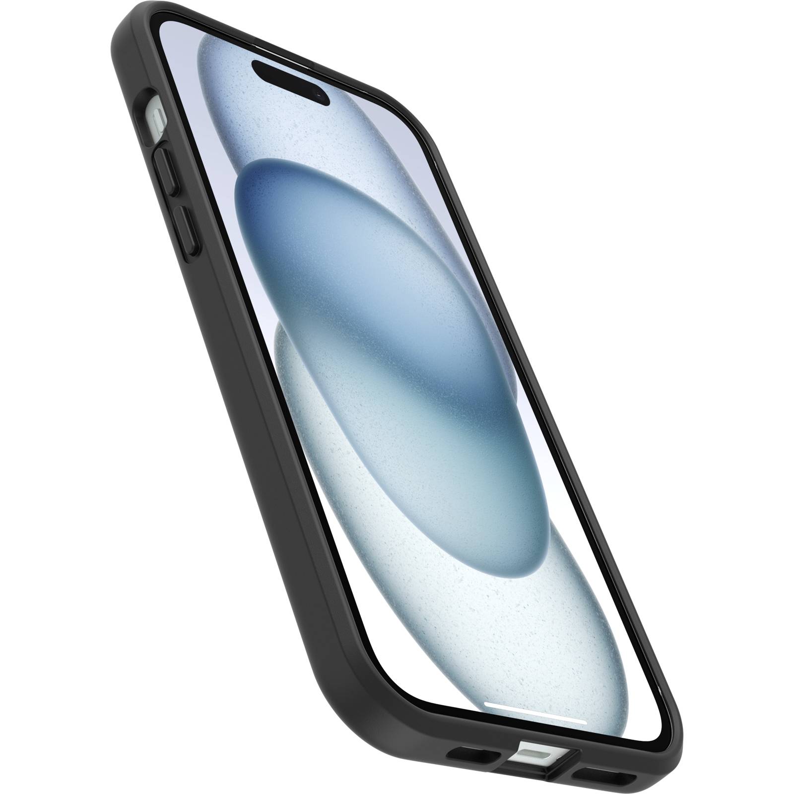 Ein schwarzes Smartphone in einer Schutzhülle, das schräg gehalten wird. Auf dem Display sind abstrakte blaue und graue Formen zu sehen.
