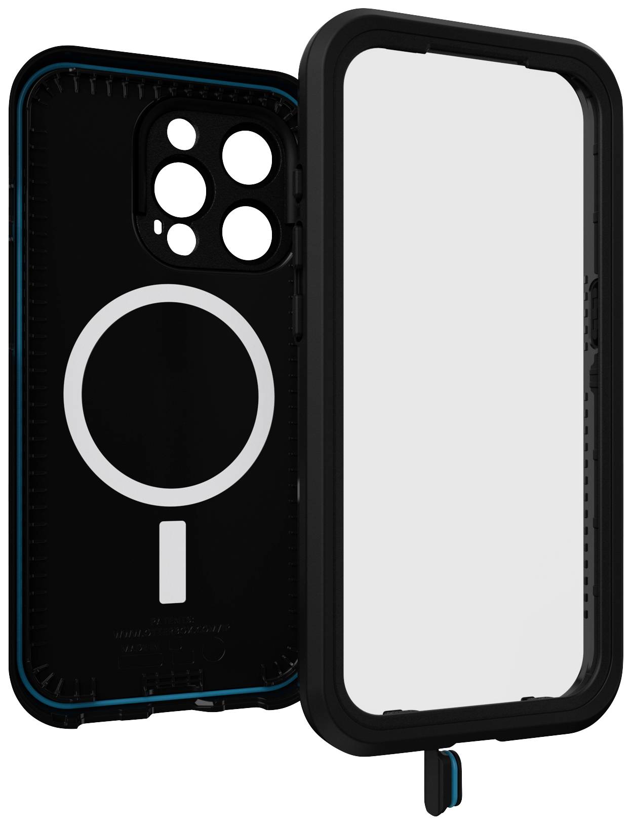 Eine wasserdichte Handyhülle mit durchsichtigem Frontteil und schwarzem Rückenteil, das Kameraaussparungen und einen Kreis zeigt.