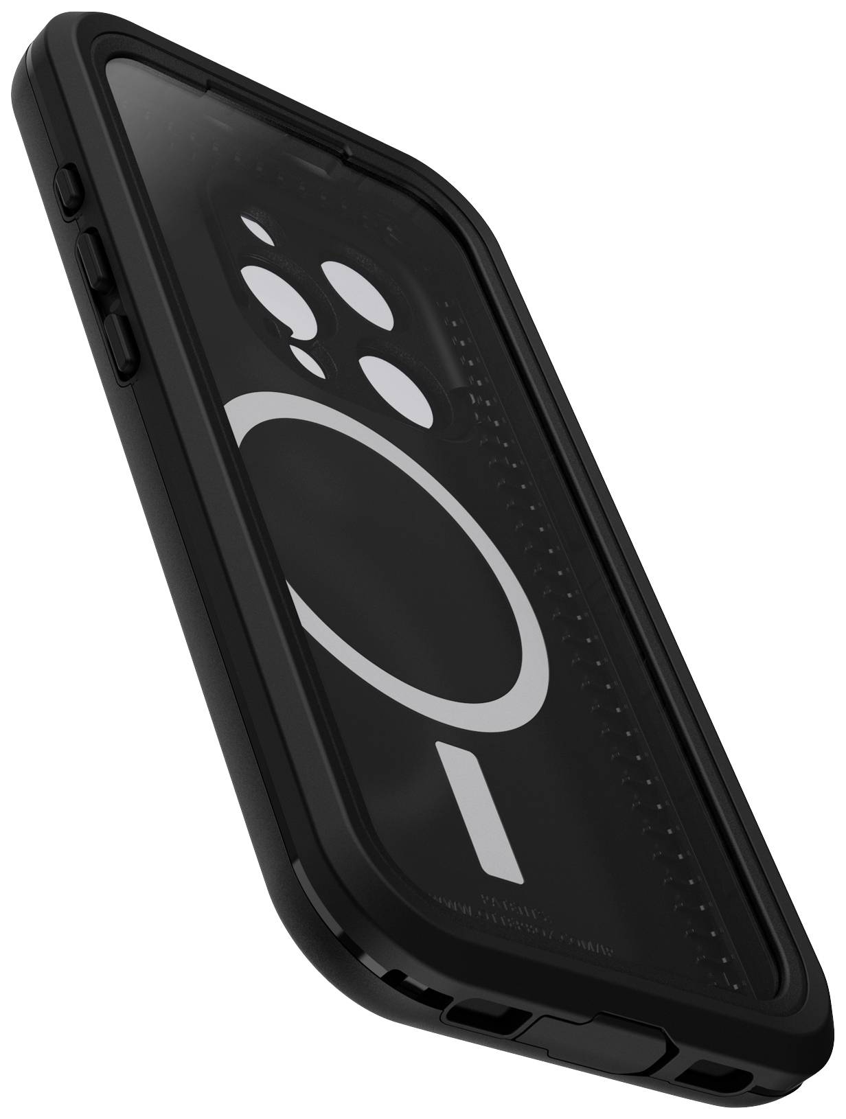 Ein schwarzes Smartphone in einer robusten schwarzen Hülle, schräg von der Seite fotografiert, zeigt Kameralöcher und Knöpfe.