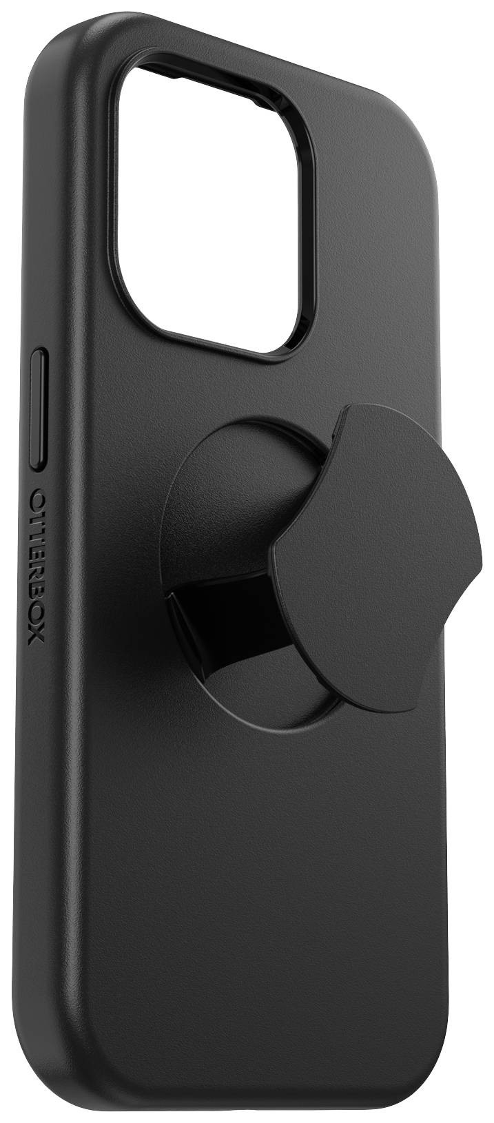 Schwarze Handyhülle mit integriertem Griff auf der Rückseite. Der Griff ermöglicht einen festen Halt und dient als Ständer.