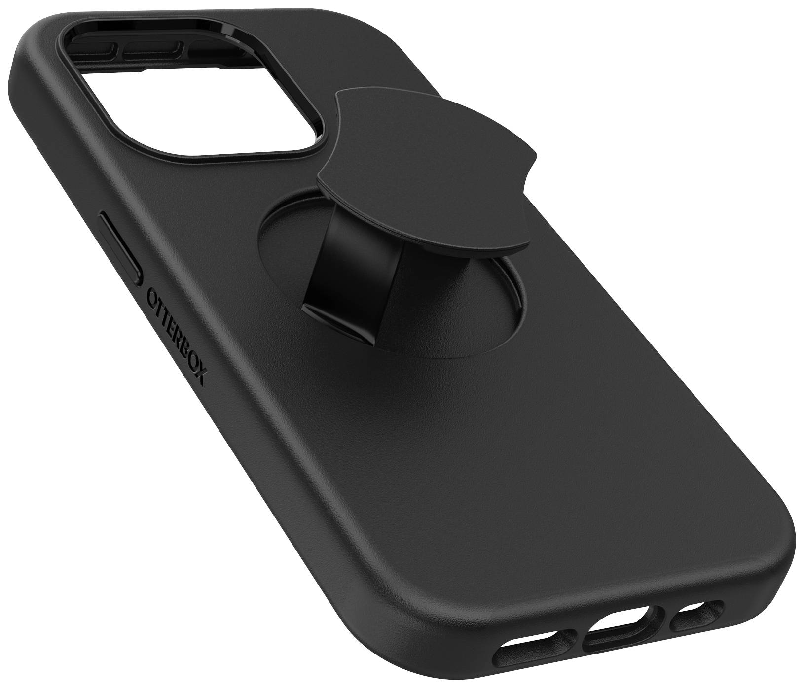 Schwarzes Smartphone-Case mit integriertem Griff an der Rückseite, sorgt für besseren Halt und Stabilität.