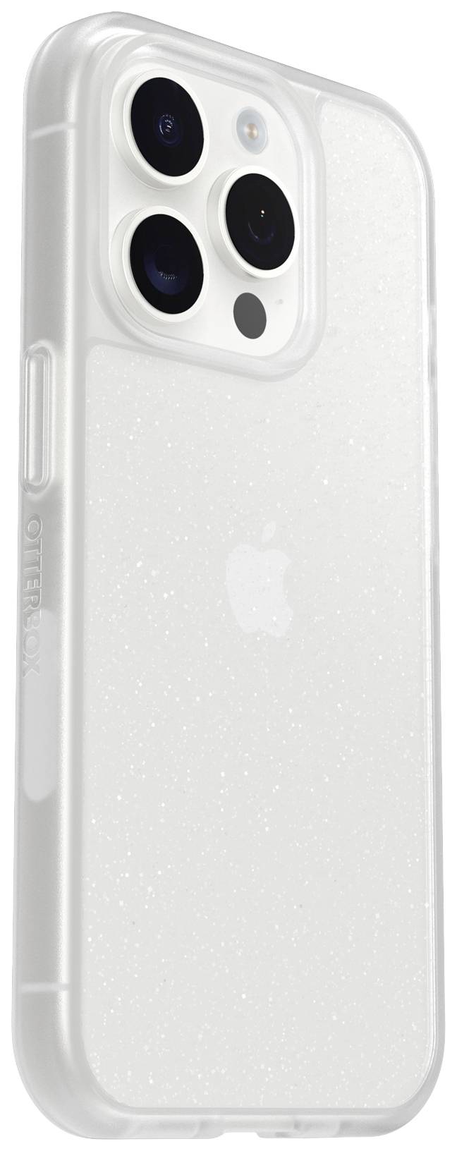 Ein transparentes, glitzerndes Handycase von Otterbox schützt ein Smartphone mit drei Kameras.