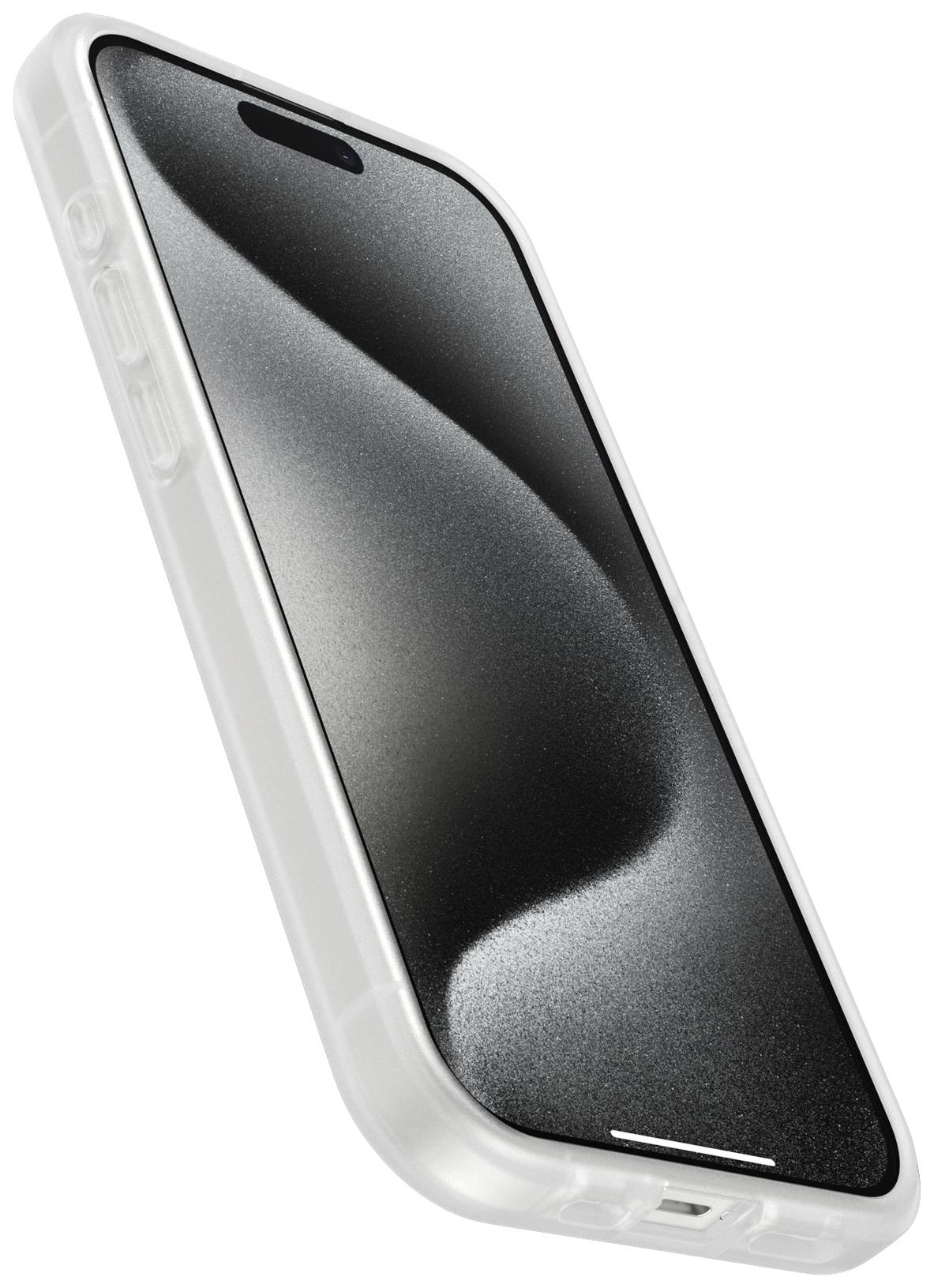 Ein Smartphone mit schwarzem Bildschirm und weißem Rand in einer schrägen Seitenansicht.