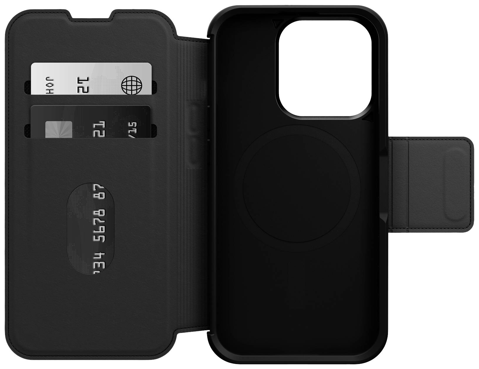 Schwarze Smartphone-Hülle mit Kartenfächern für Kreditkarten auf der linken Innenseite, rechte Seite für das Telefon.