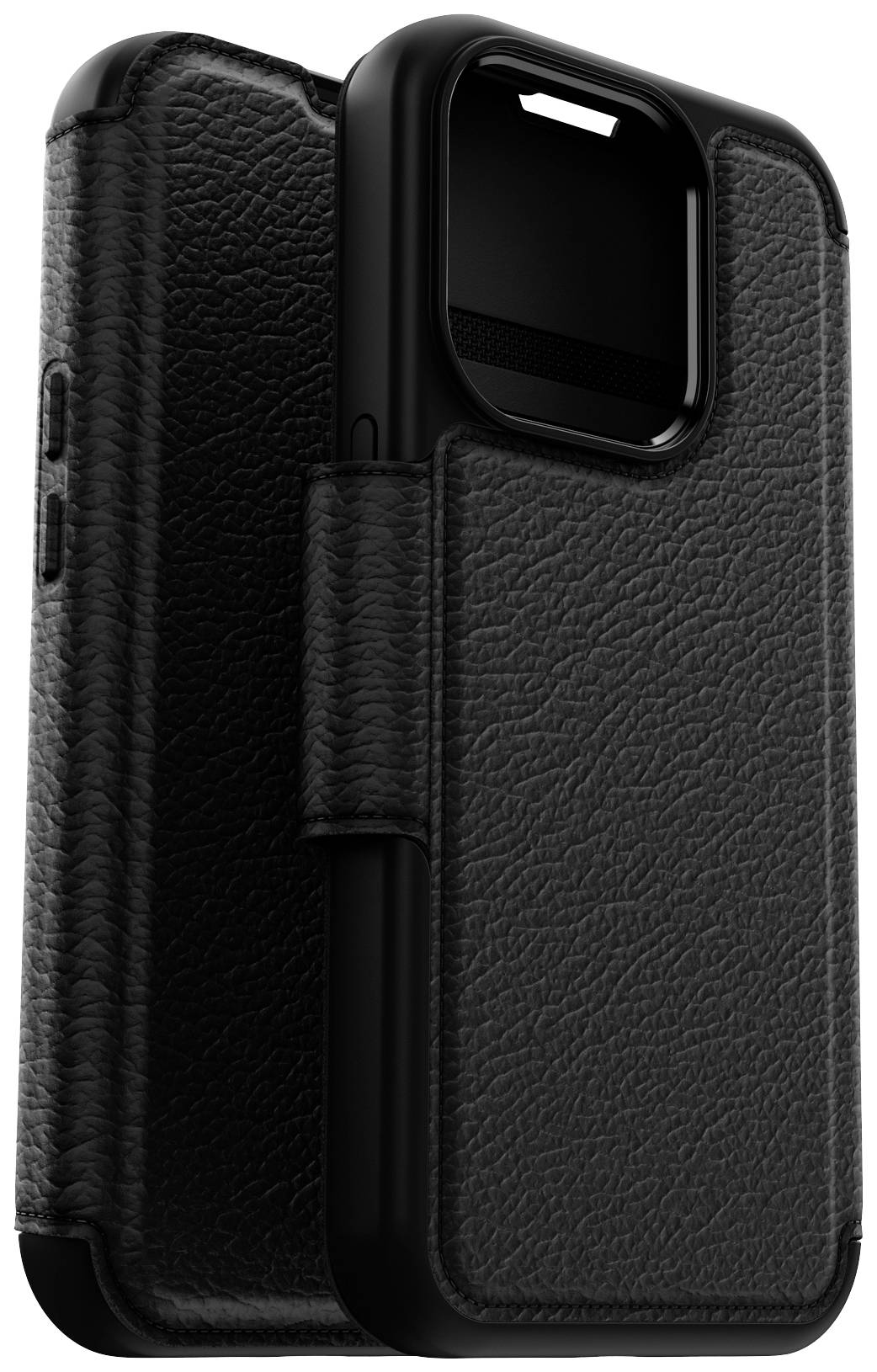 Schwarzes Lederetui für ein Smartphone mit sichtbarer Kameraaussparung und Klapphülle. Elegantes, strukturiertes Design.