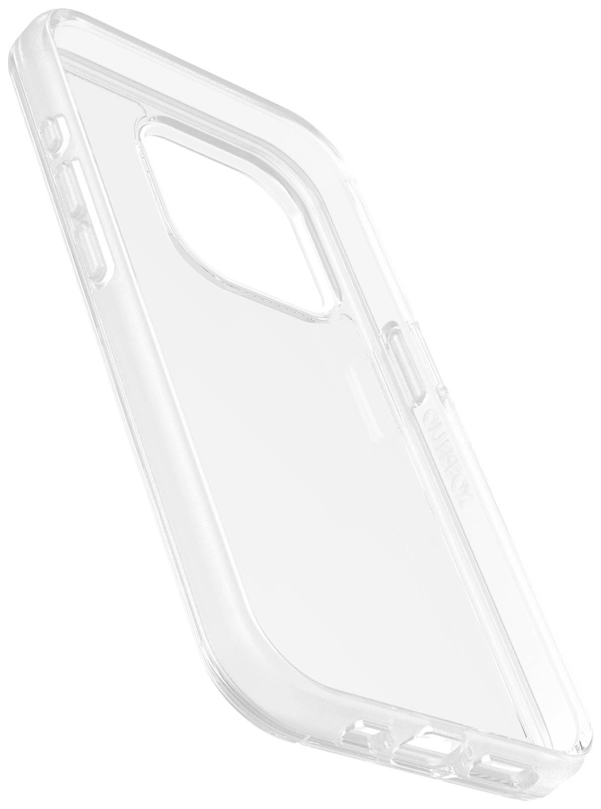 Transparente Handyhülle in schräger Ansicht, passend für ein Smartphone-Modell mit Kameraaussparung oben links.