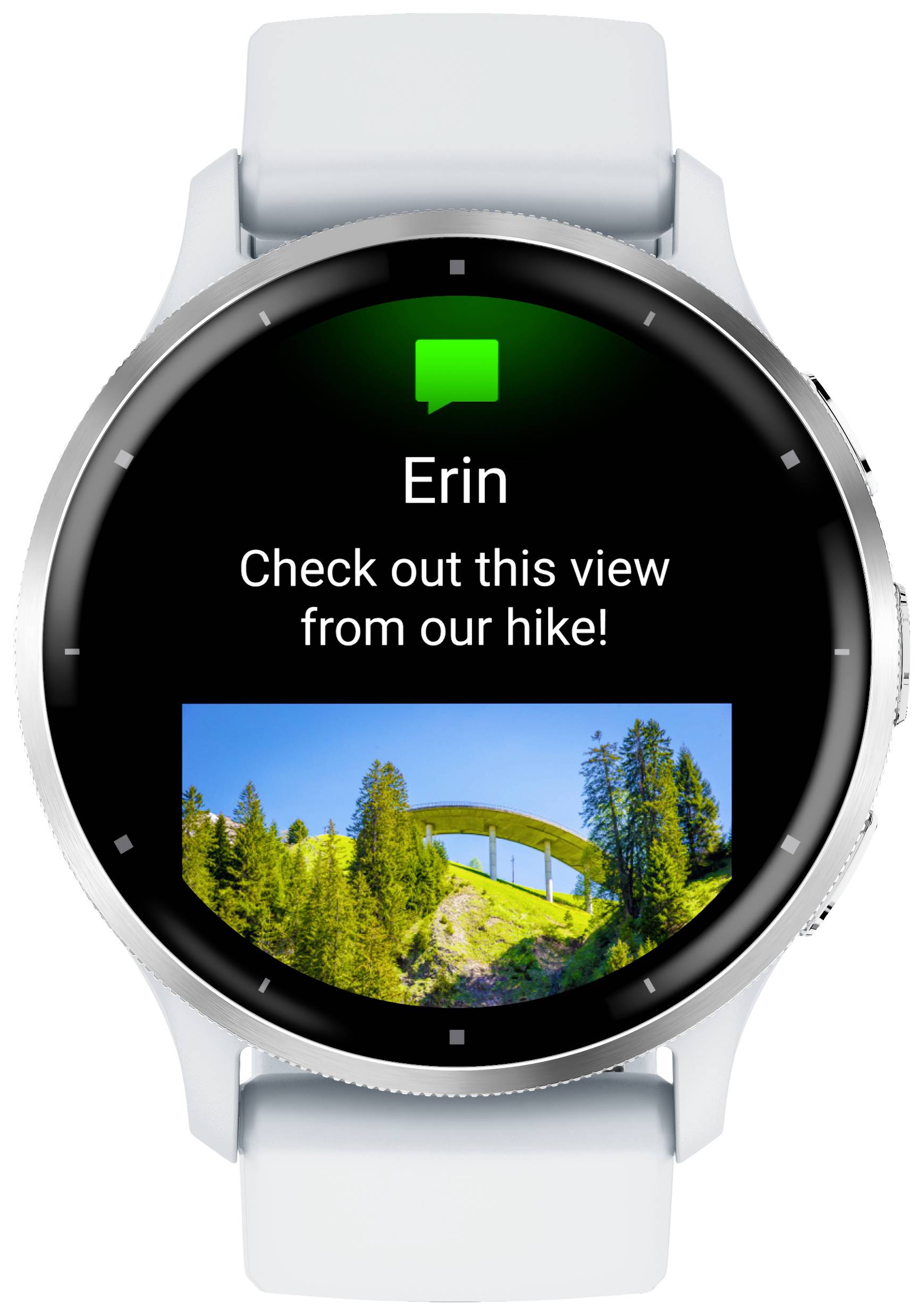 Eine Smartwatch zeigt eine Nachricht: 'Erin: Check out this view from our hike!' Darunter ein Bild von einer Brücke in einem Waldgebiet.