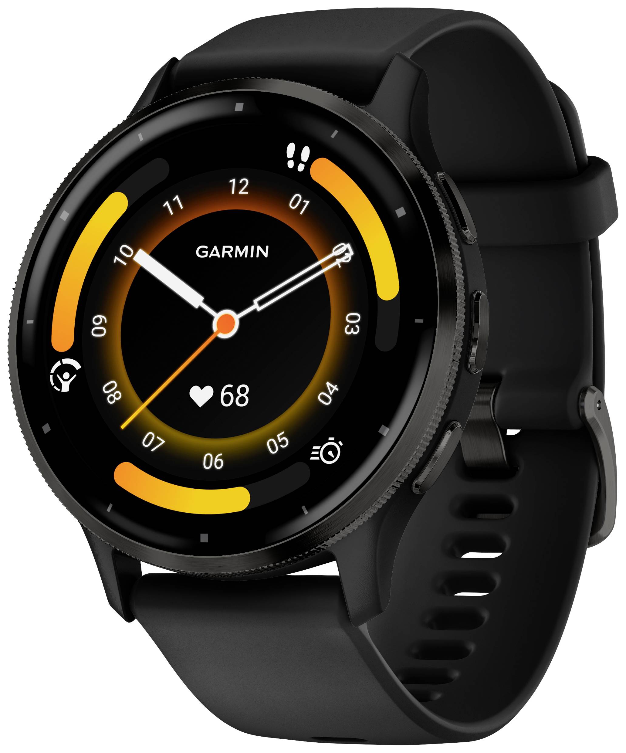 Schwarze Smartwatch mit rundem Ziffernblatt, zeigt Herzfrequenz von 68 bpm und einen orangefarbenen Aktivitätsring, Marke Garmin.