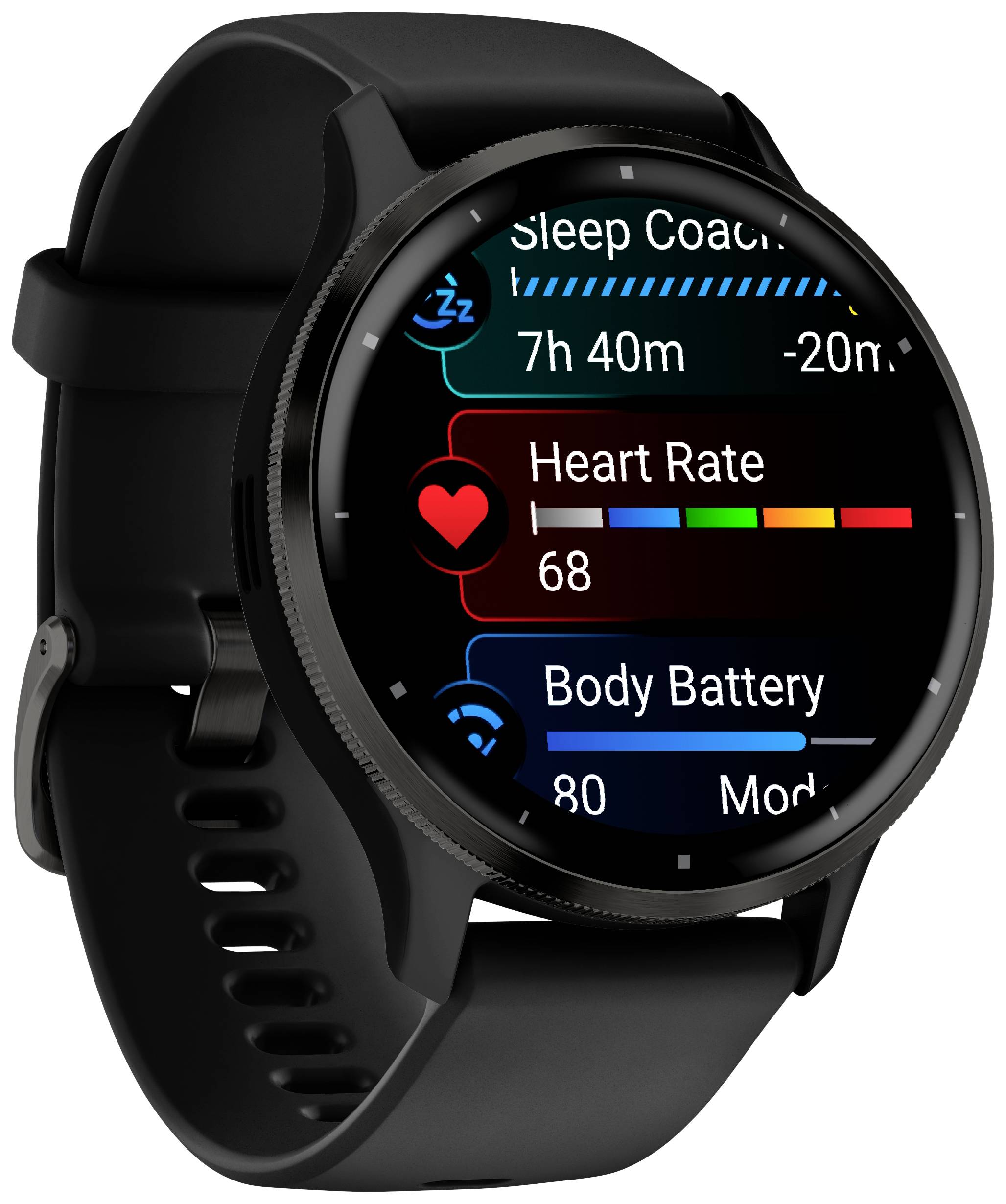 Eine schwarze Smartwatch zeigt Gesundheitsdaten: Schlafzeit 7 Stunden 40 Minuten, Herzfrequenz 68, Körperenergie 80.