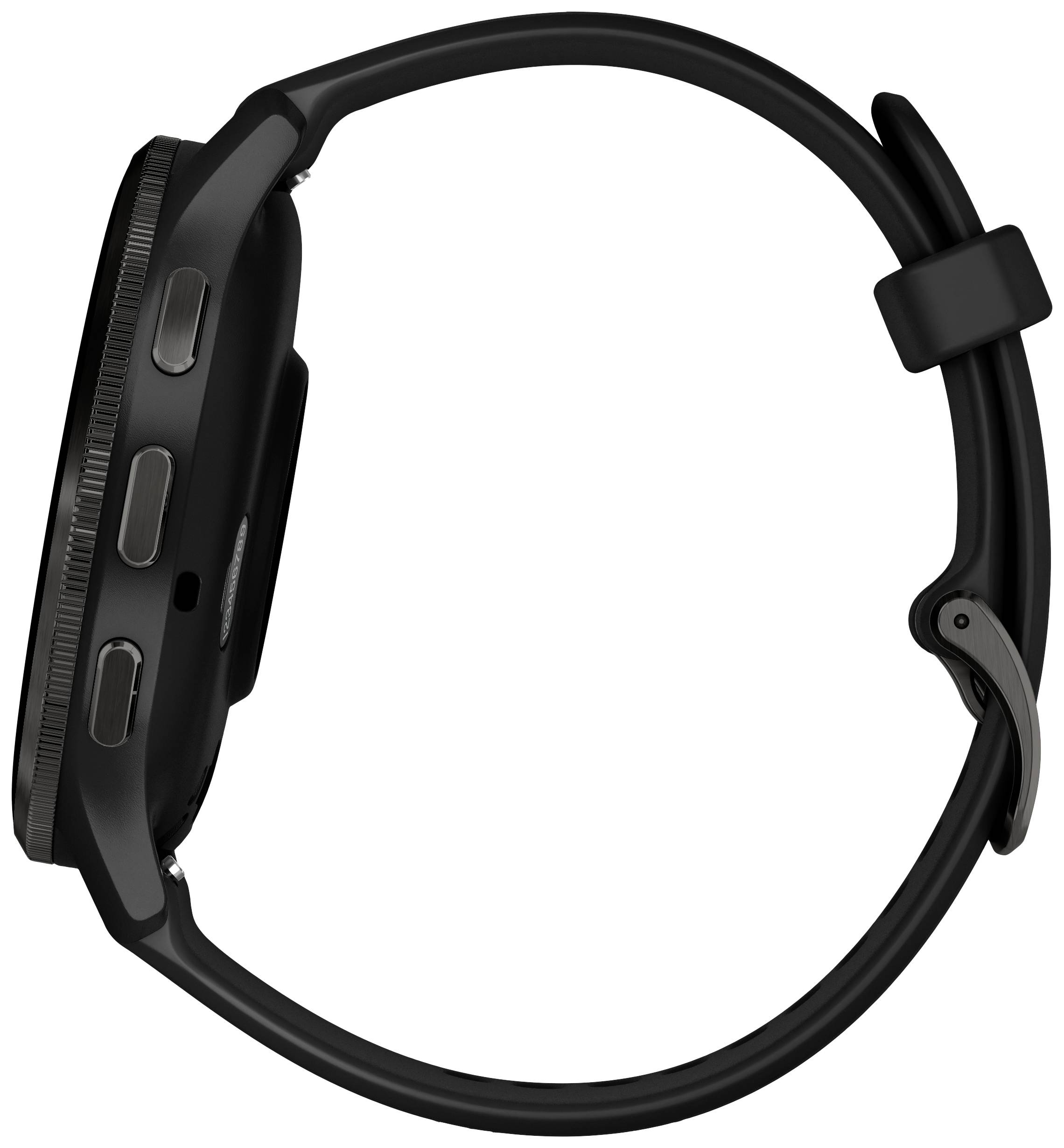 Schwarze Armbanduhr von der Seite gesehen, mit zwei Knöpfen und einer digitalen Anzeige.